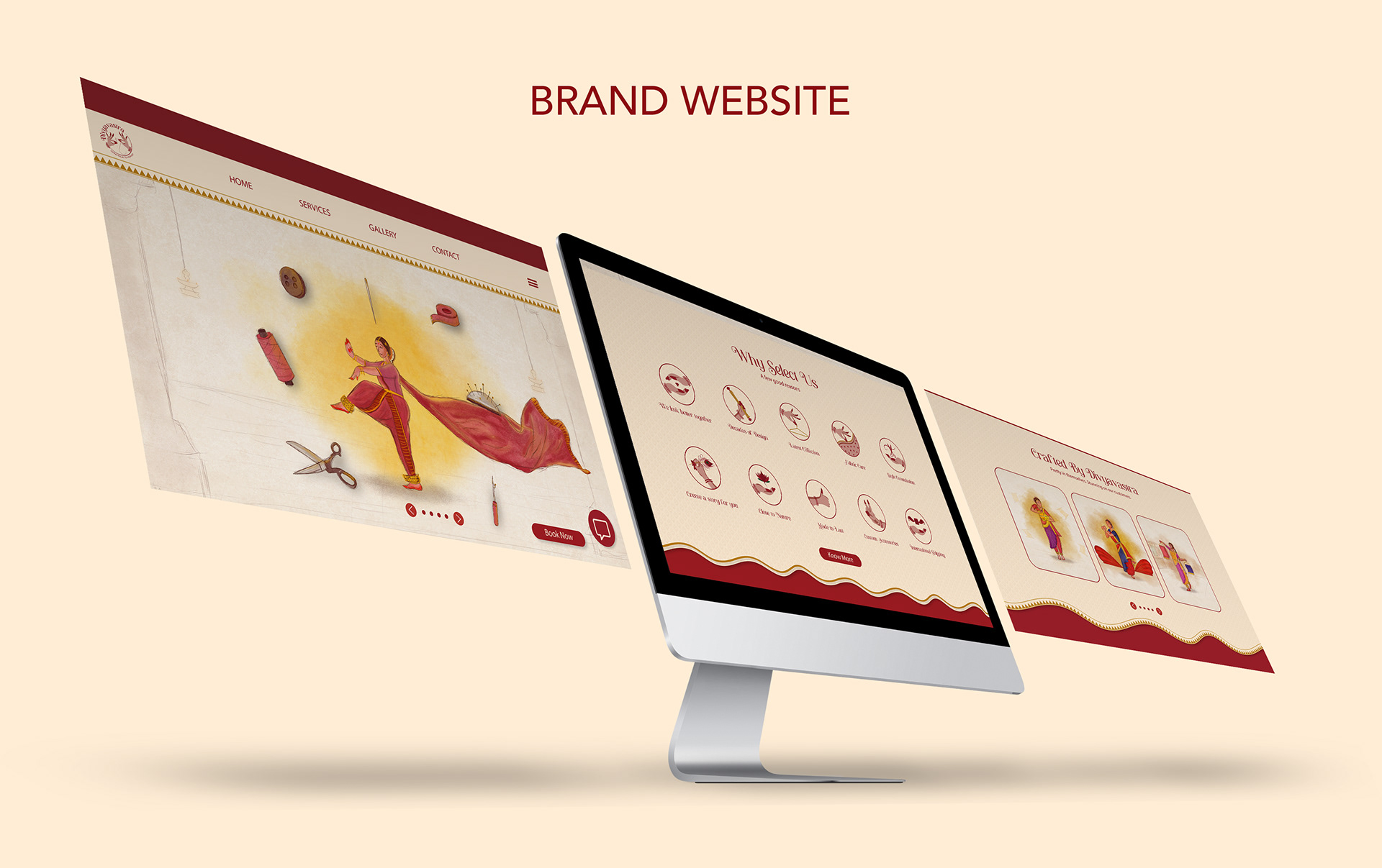 Divyavastra classical dance couture brand: brand website shown on desktop screens