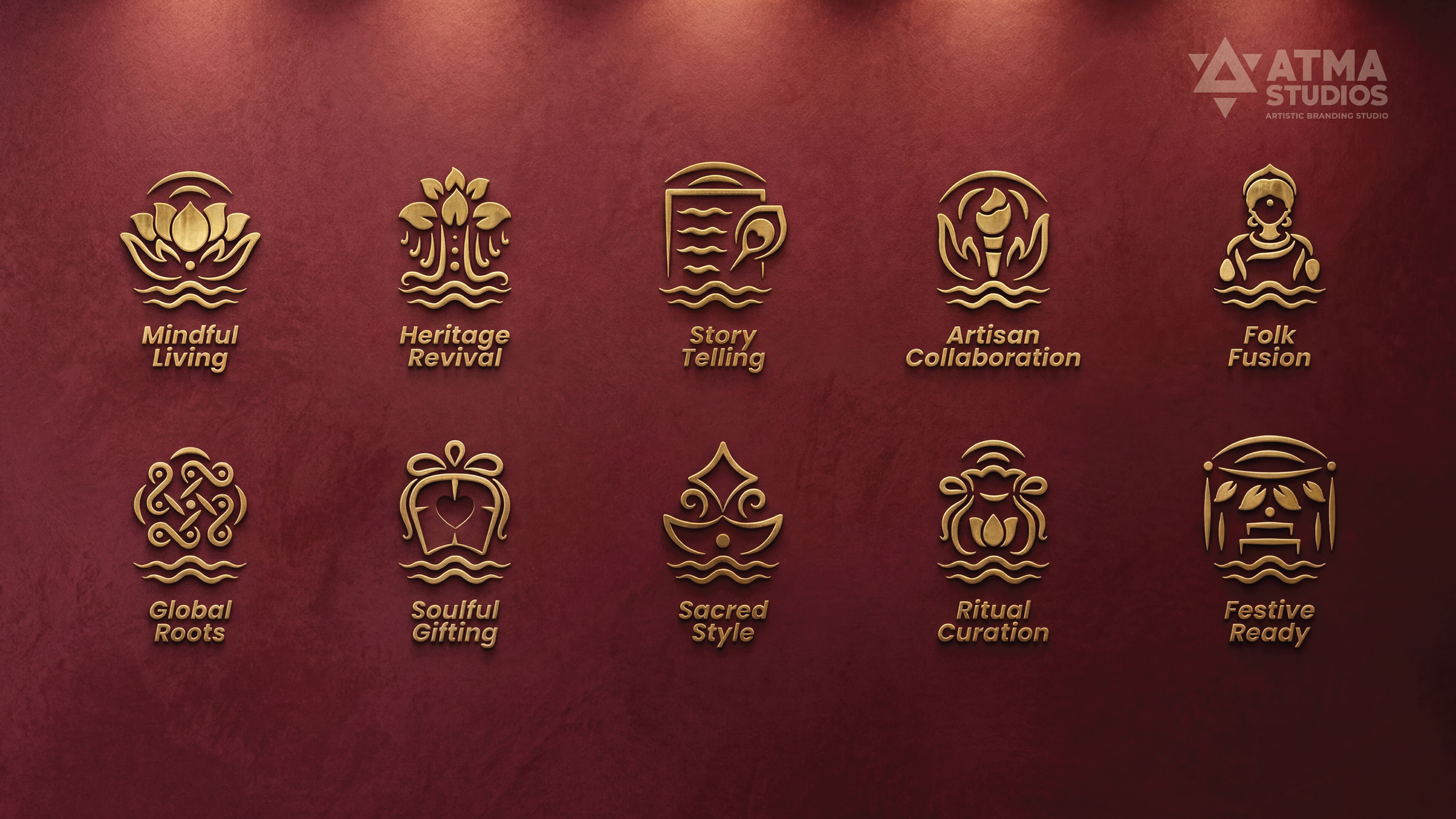 Ritualistic mindful essentials brand: gold icon set on a maroon background