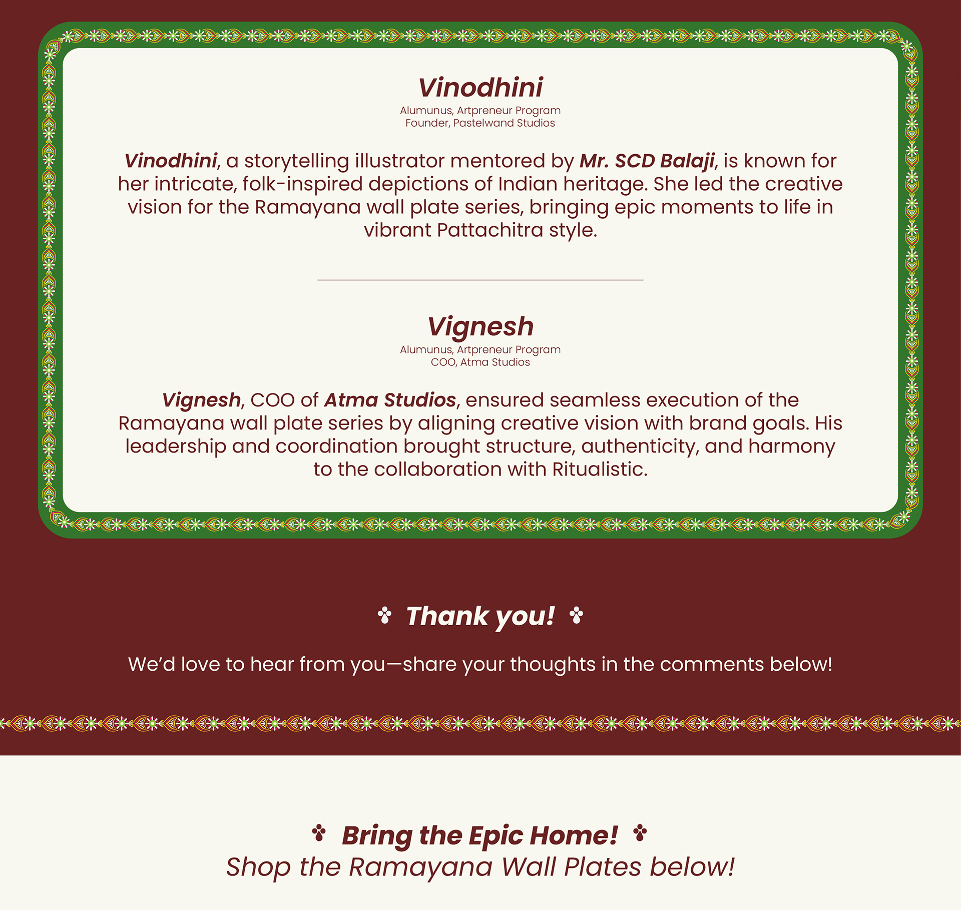 Ramayana in 9 wall plates, Pattachitra style for Vinodhini: credits and thank you note