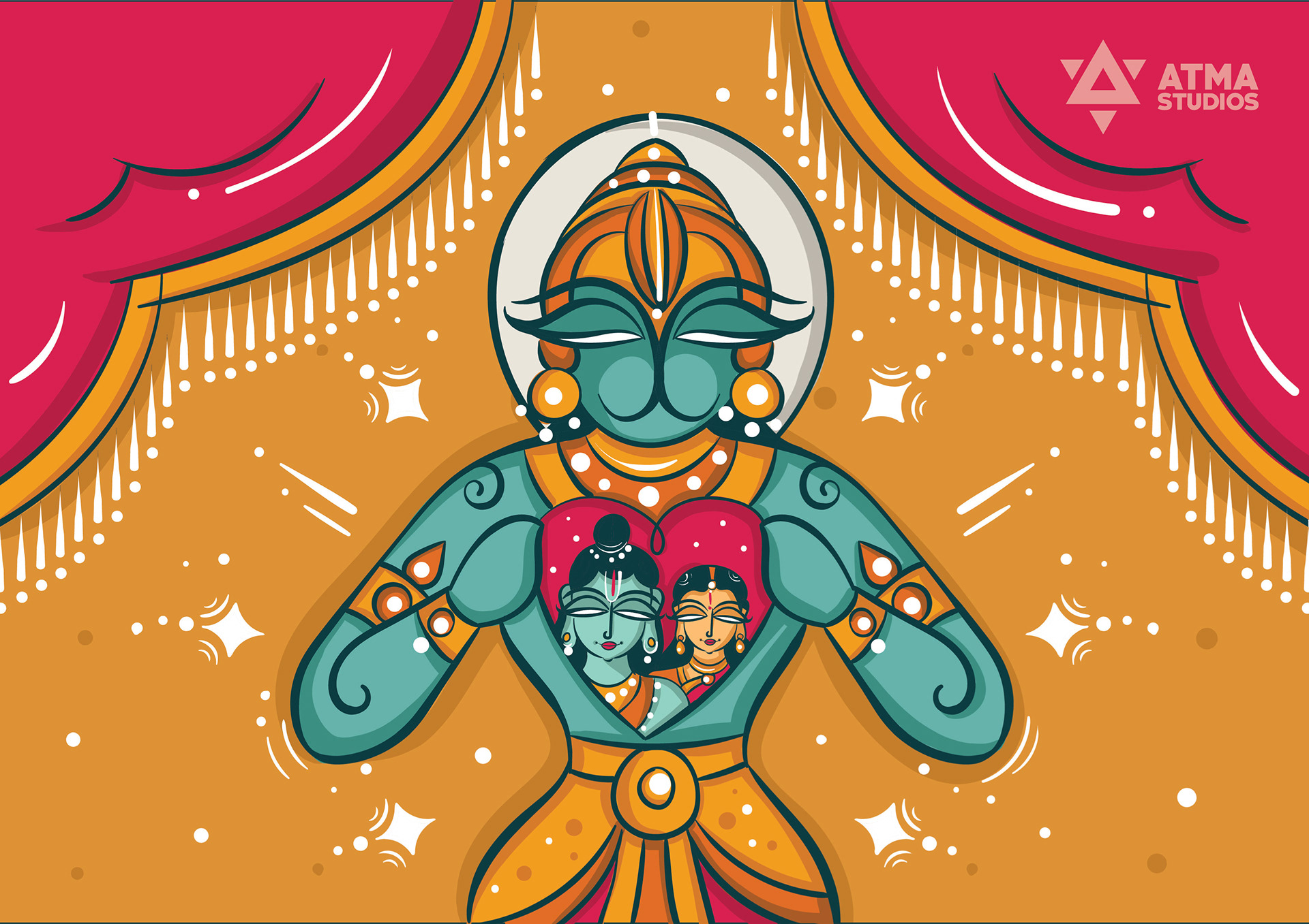 Hanuman Chalisa children's book: illustration of Hanuman revealing Rama and Sita in his heart