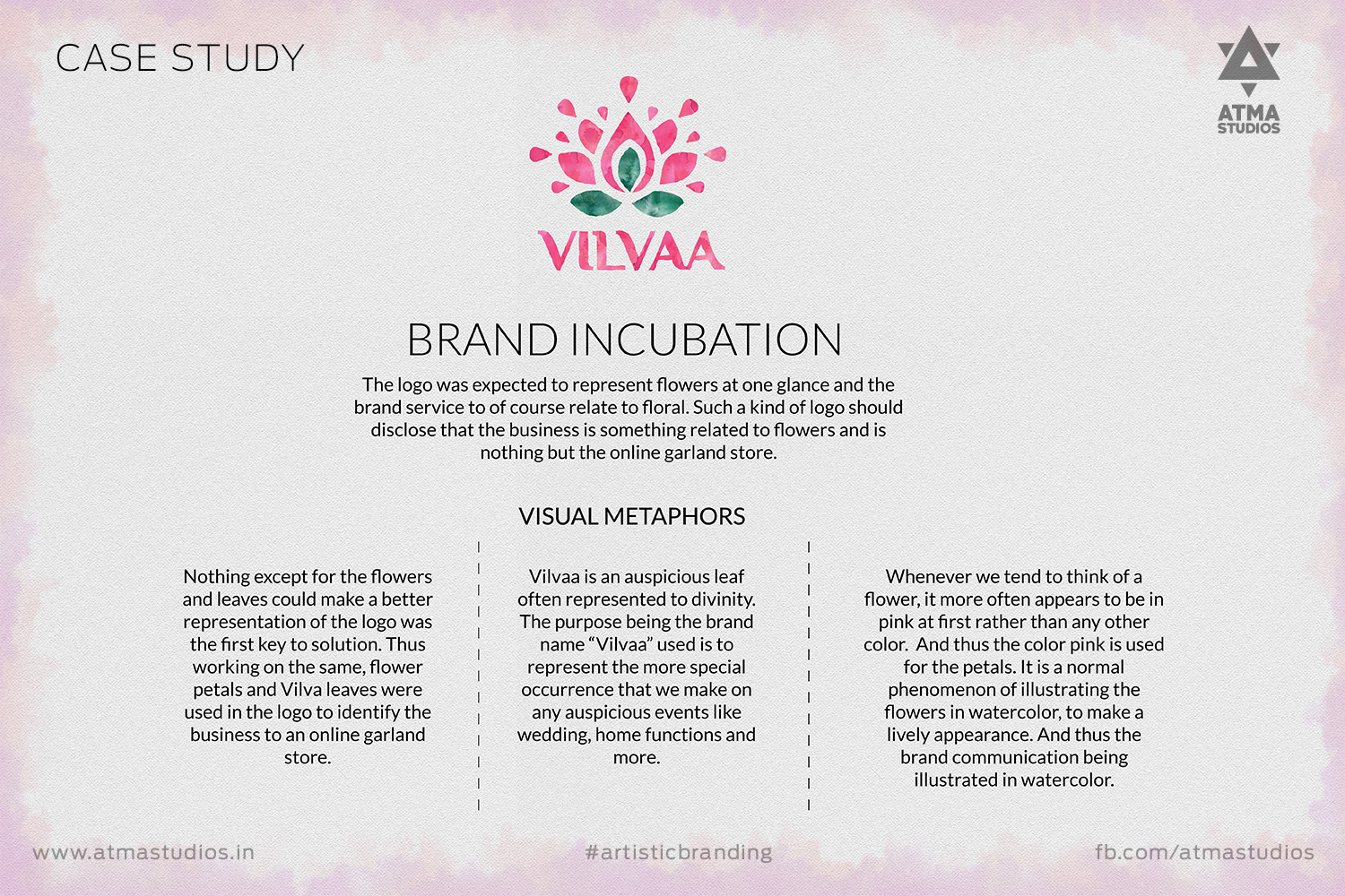 Vilvaa online garland store brand: brand incubation case study slide with the pink lotus logo, branding by Atma Studios
