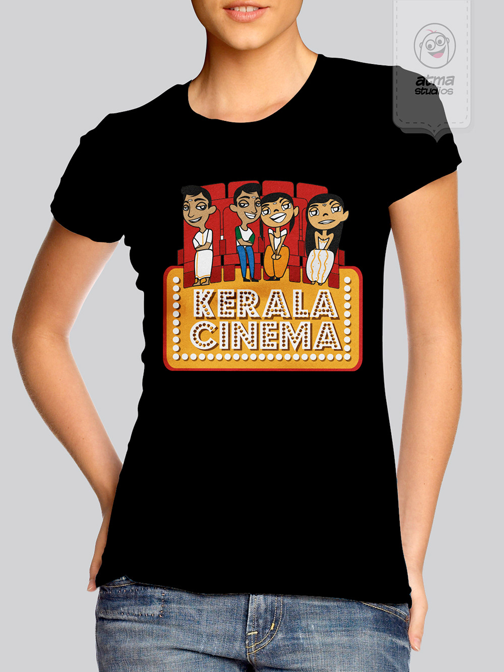 Kerala T-shirt designs 2013: woman wearing the black Kerala Cinema T-shirt