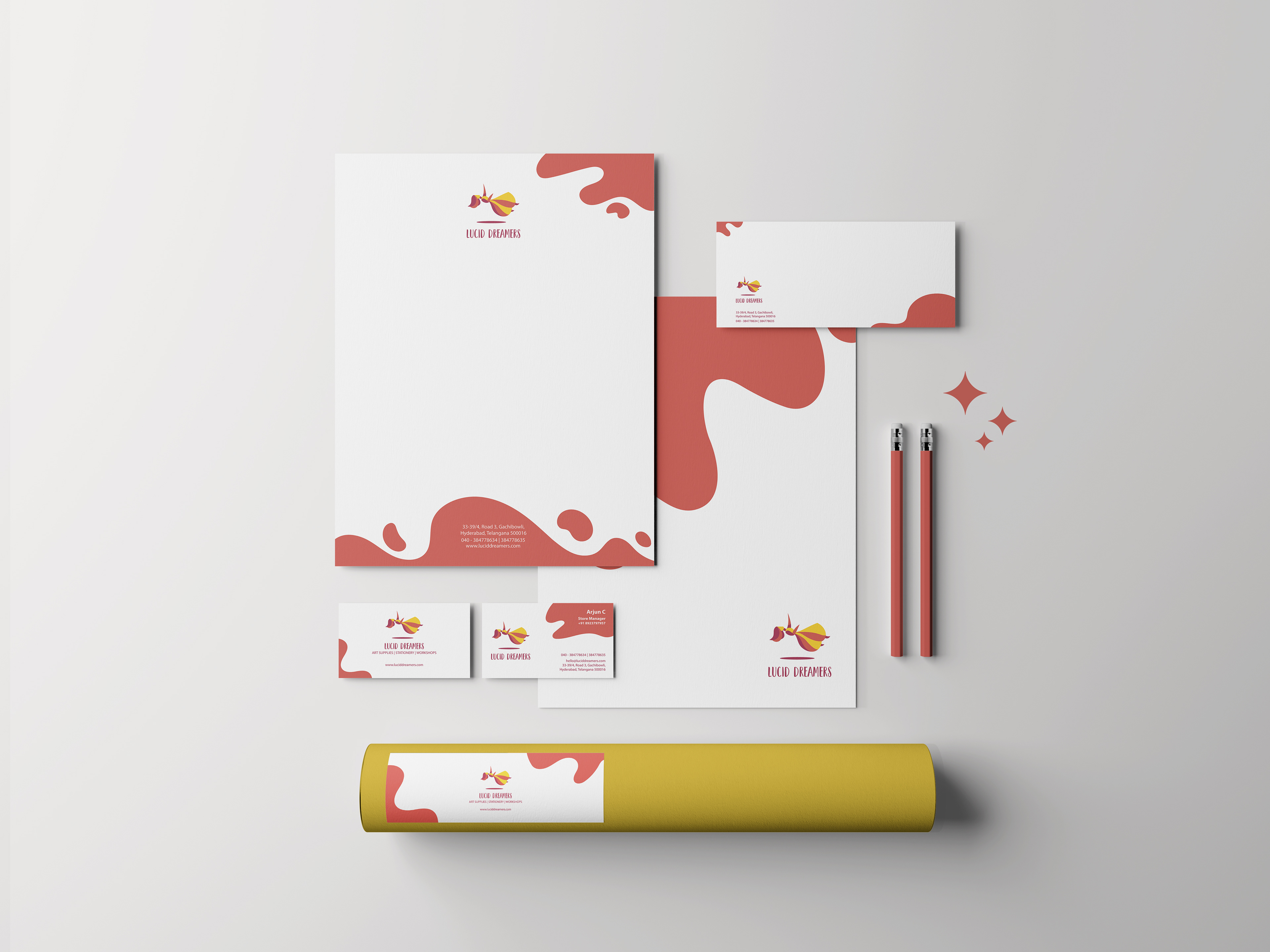 Lucid Dreamers art supplies store brand: stationery set with letterhead, envelope, cards and pencils