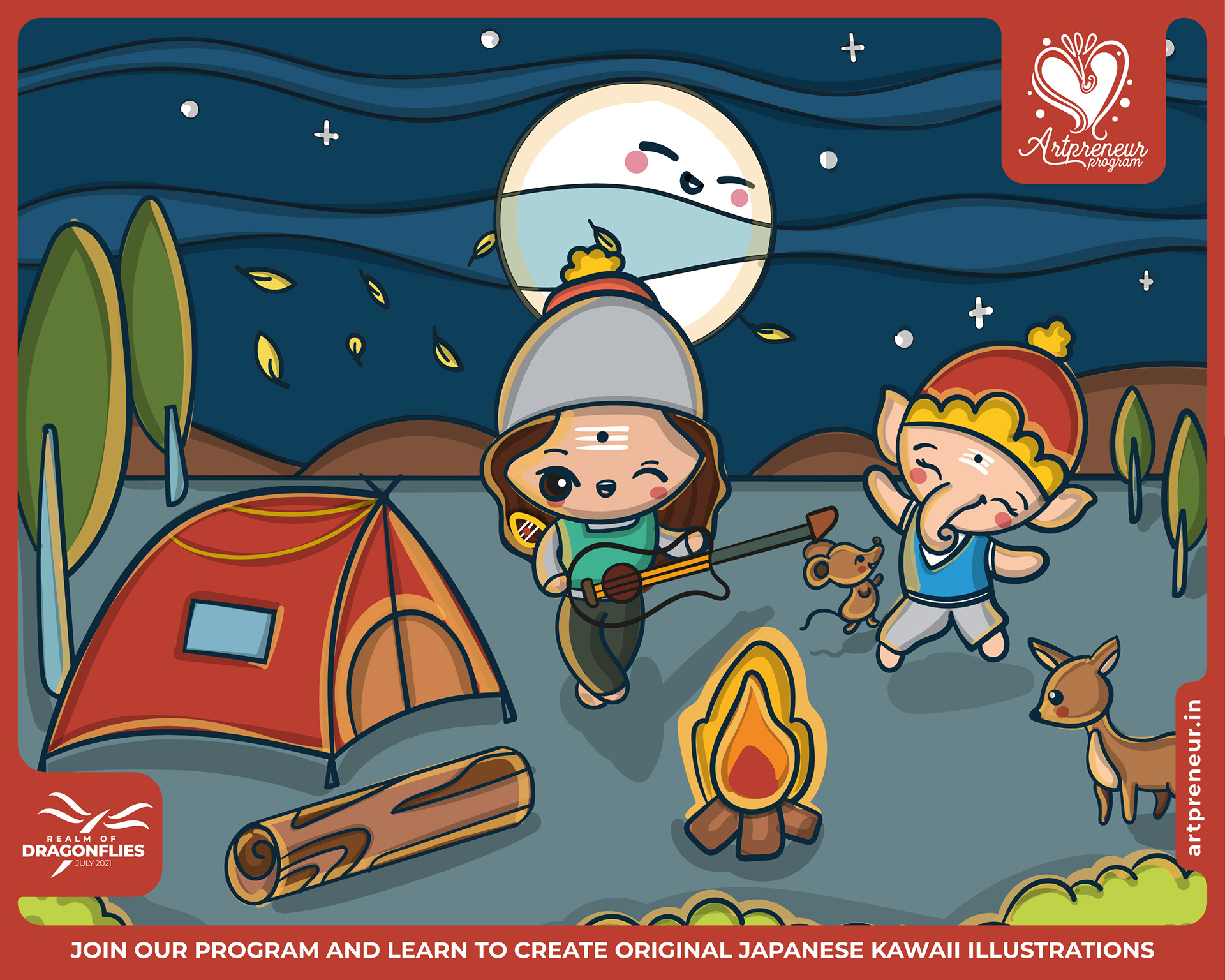 30 kawaii cute illustrations: #13 Camping kids under the moon