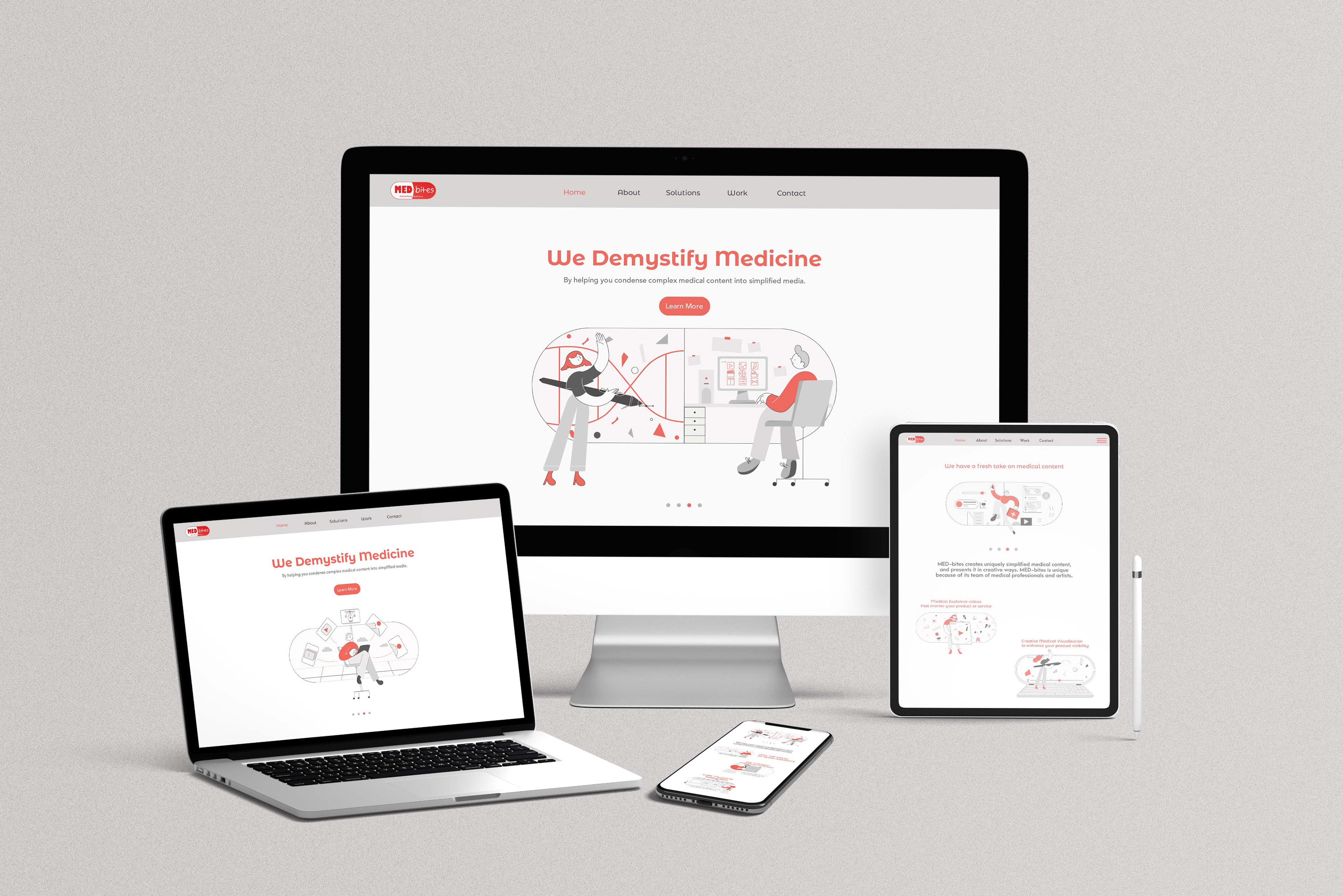 MED-bites medical education brand: responsive website design on desktop, laptop, tablet and phone