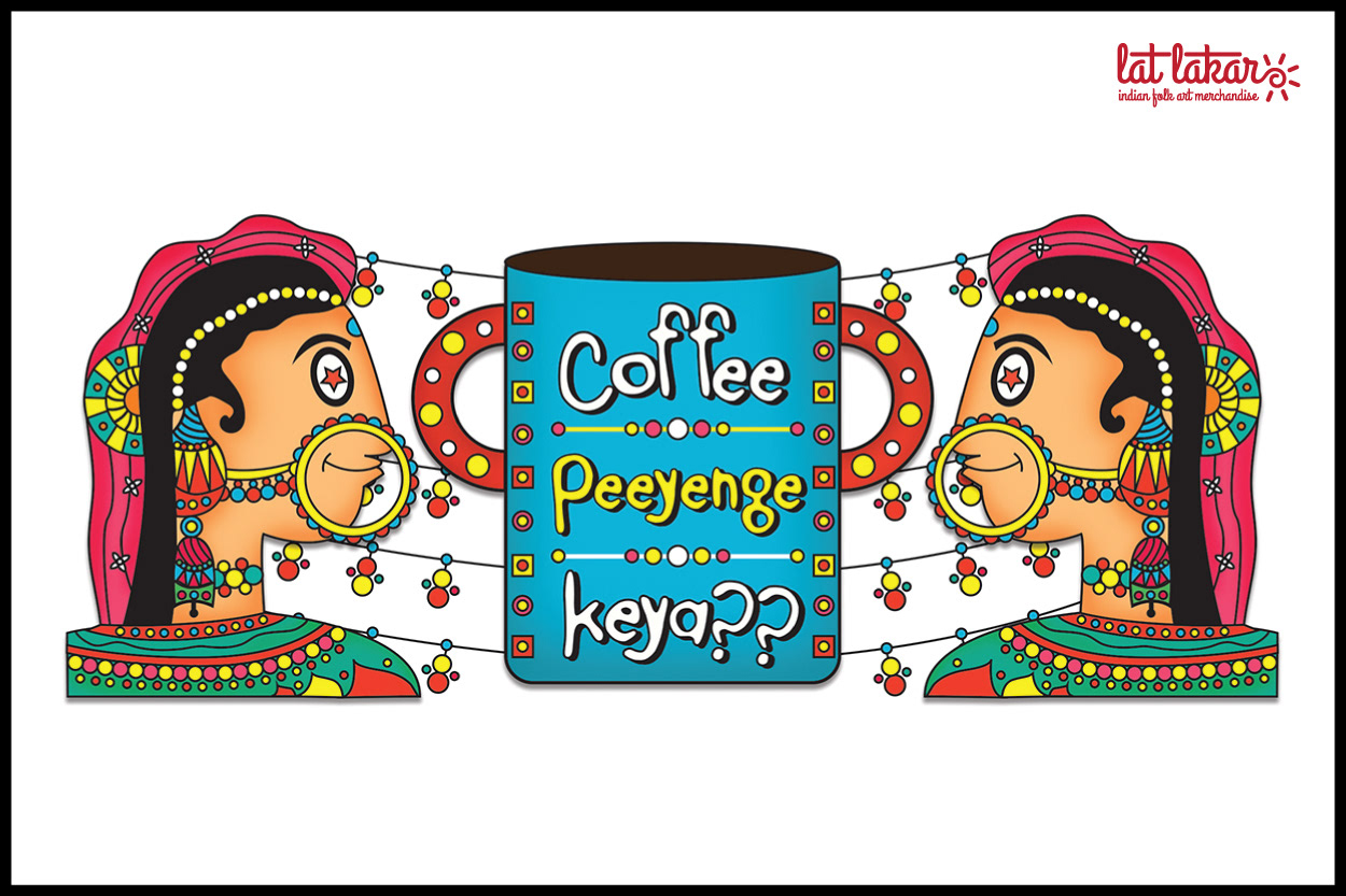 Lat Lakar Indian folk art merchandise: Coffee illustration with two faces