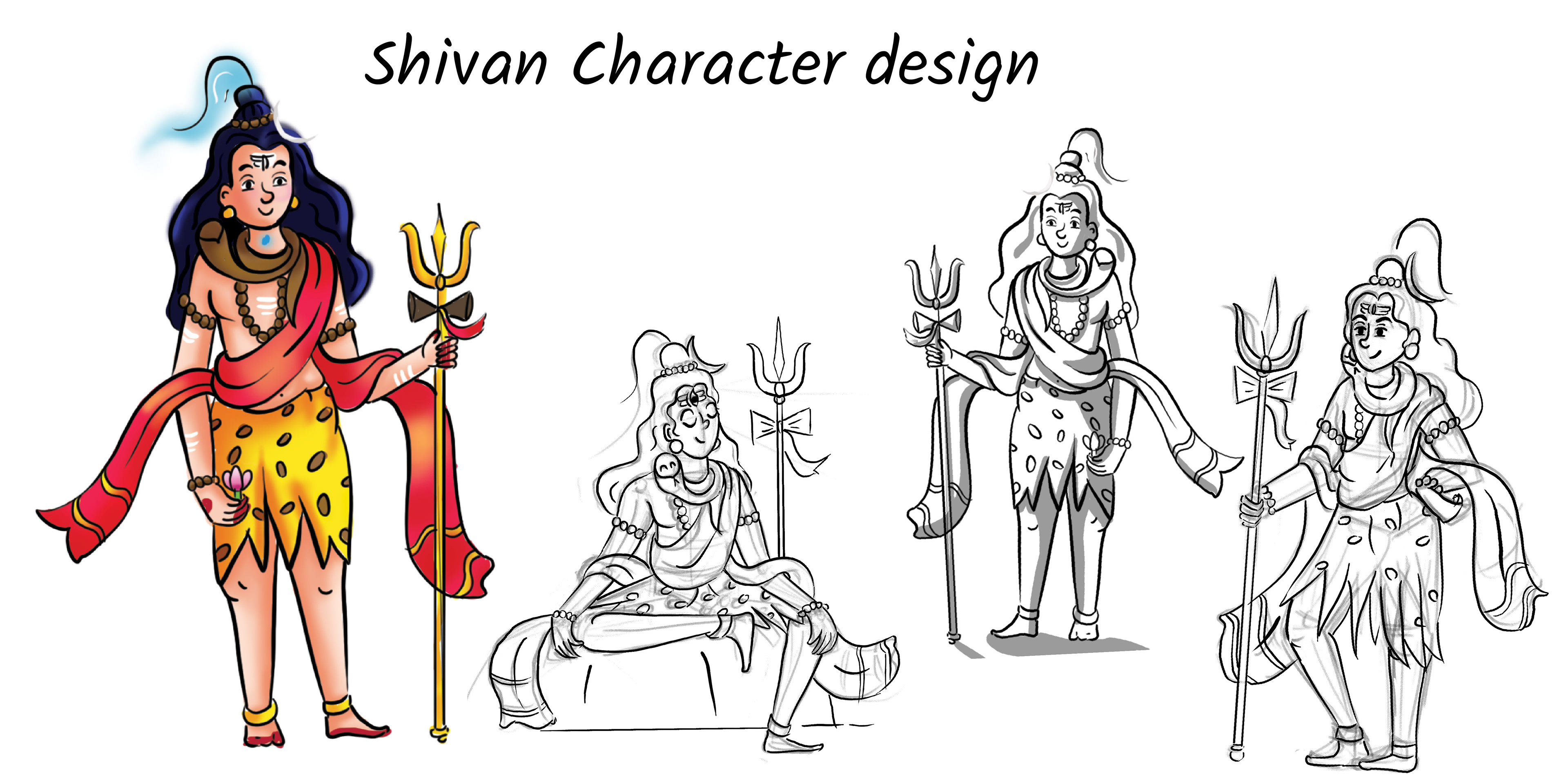 Kandha children's mythological story book on Lord Murugan: Shivan character design sketches and colour
