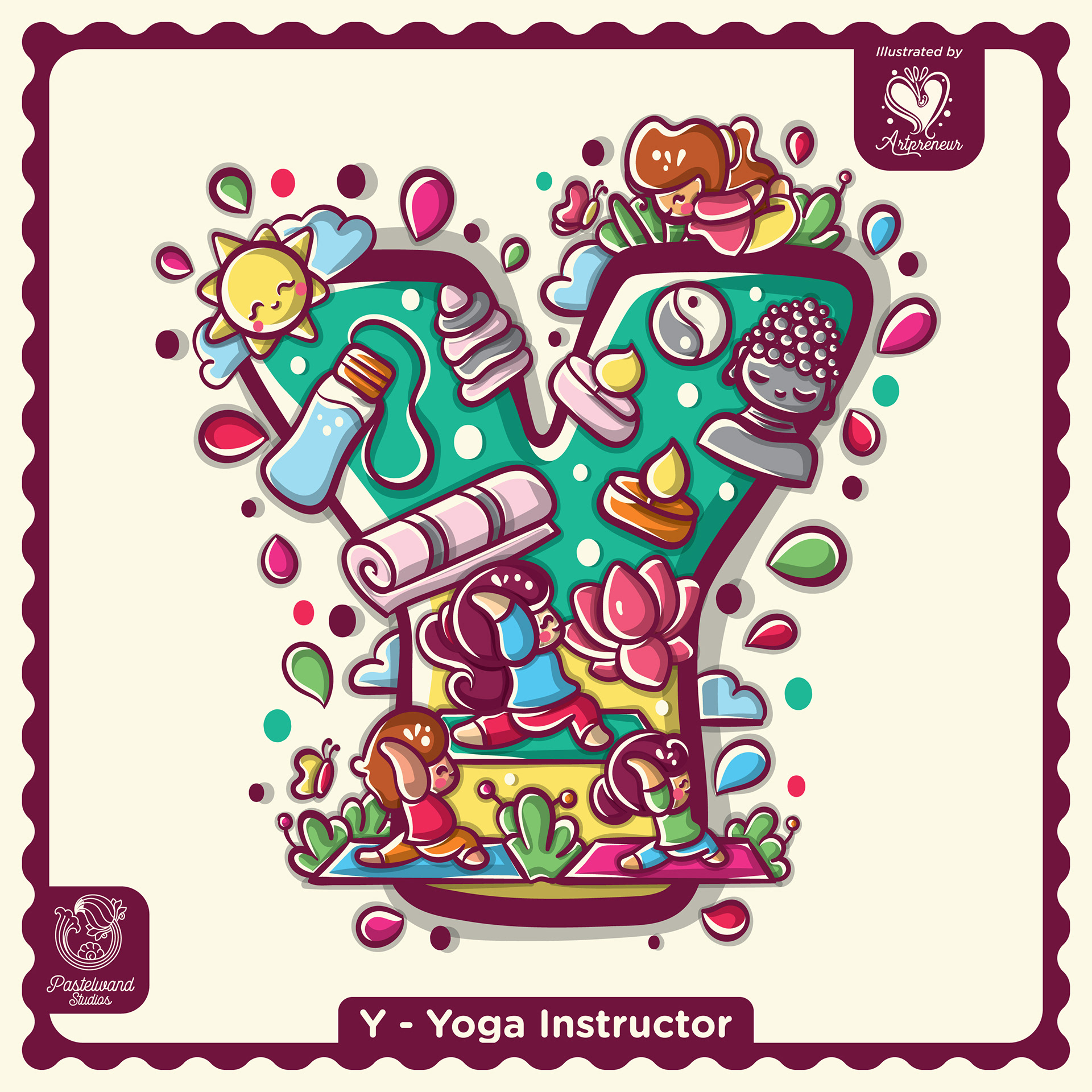 My Little Career ABC children's book: Y for Yoga Instructor, an illustrated letter filled with tools and tiny characters