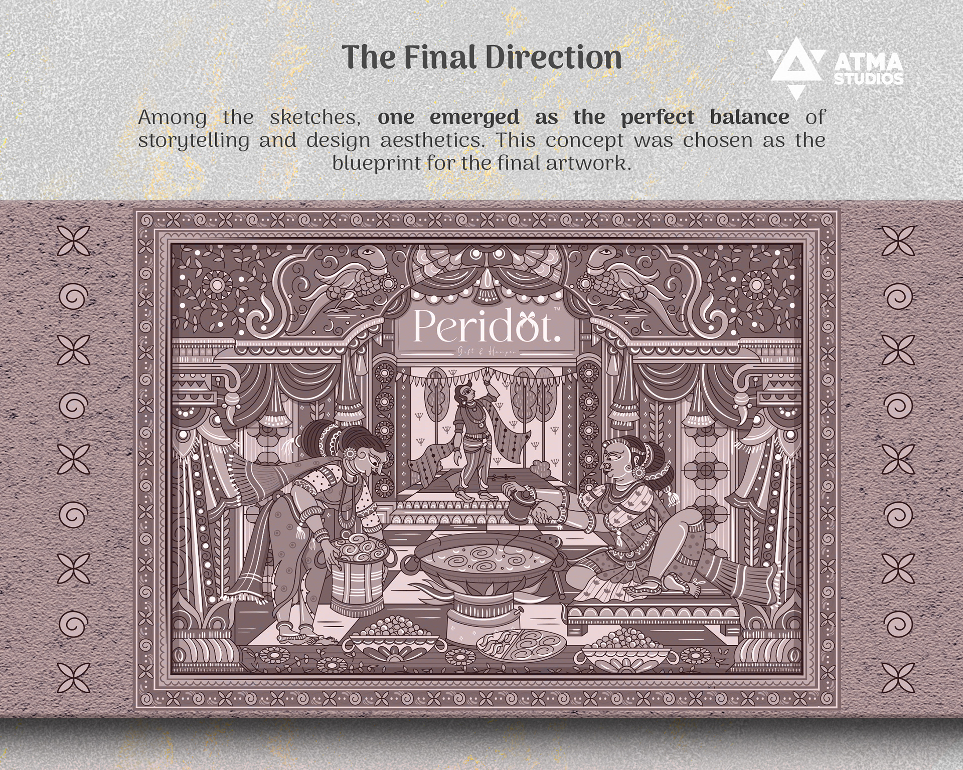 Peridot Diwali sweet box package design: the final direction, detailed line art on the box