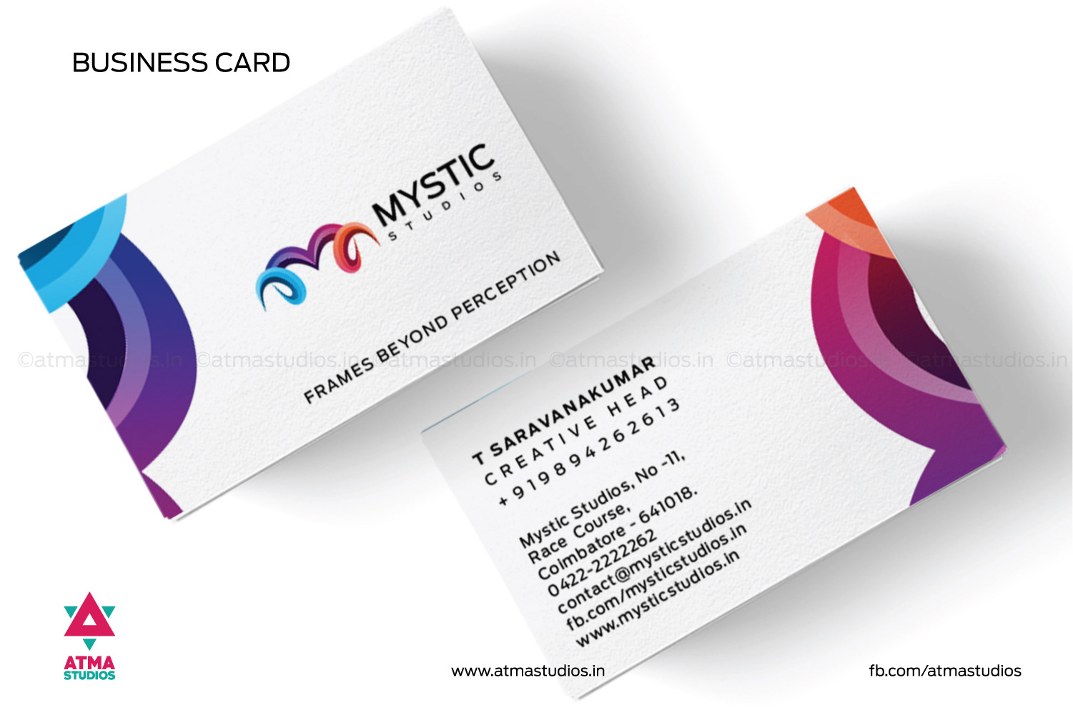 Mystic Studios wedding photography rebranding: business card design, front and back