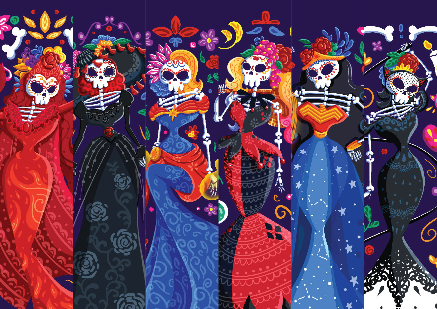 Pop culture heroines in Día de los Muertos style: #1 All six heroines lined up as calavera skeletons, illustration by Atma Studios