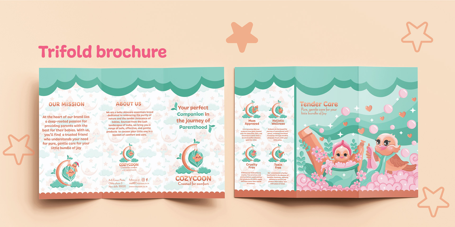 Cozycoon baby skincare brand: illustrated tri-fold brochure