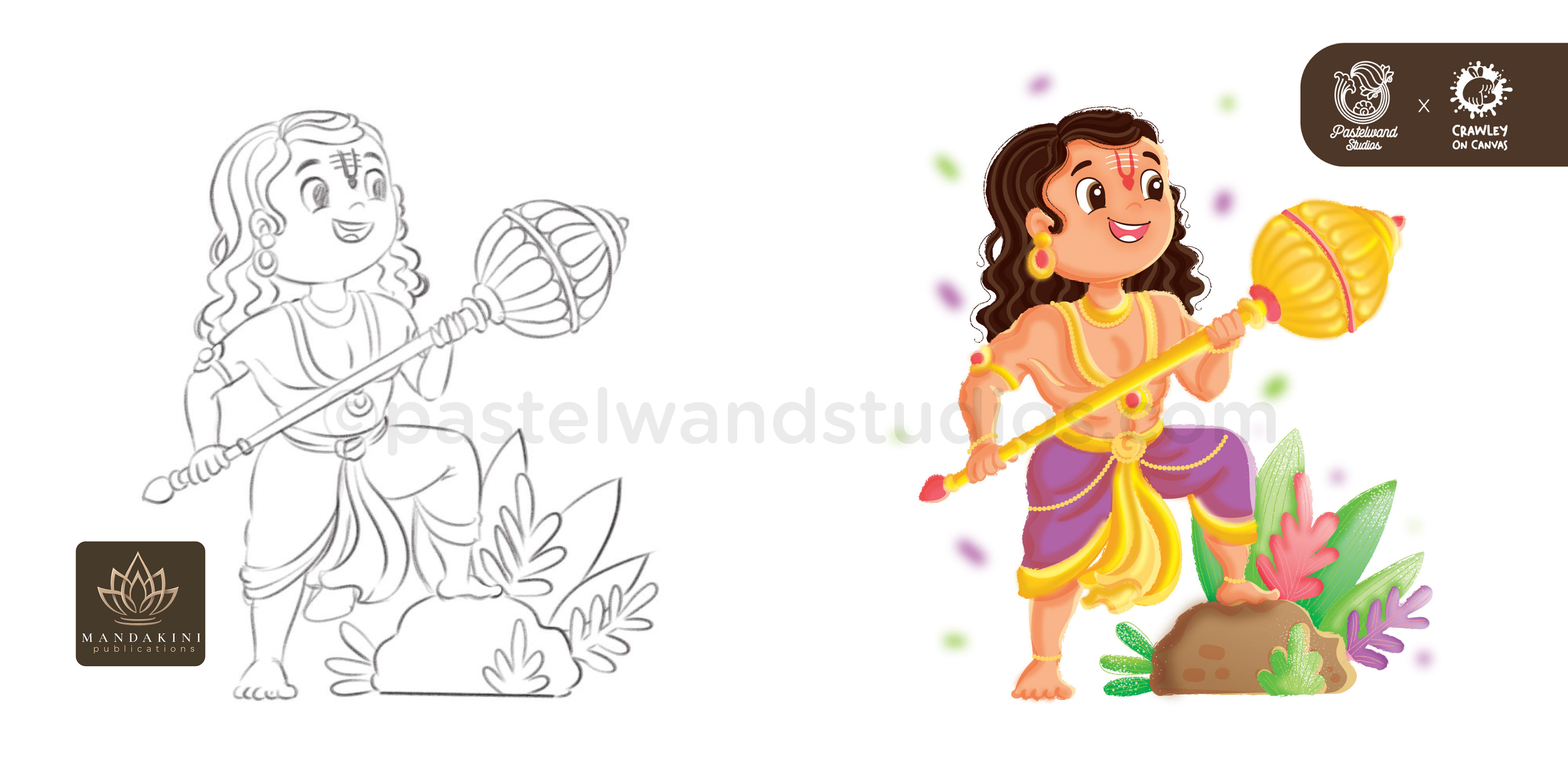 Krishna's Magical ABC children's book: sketch and colour of a boy with a conch