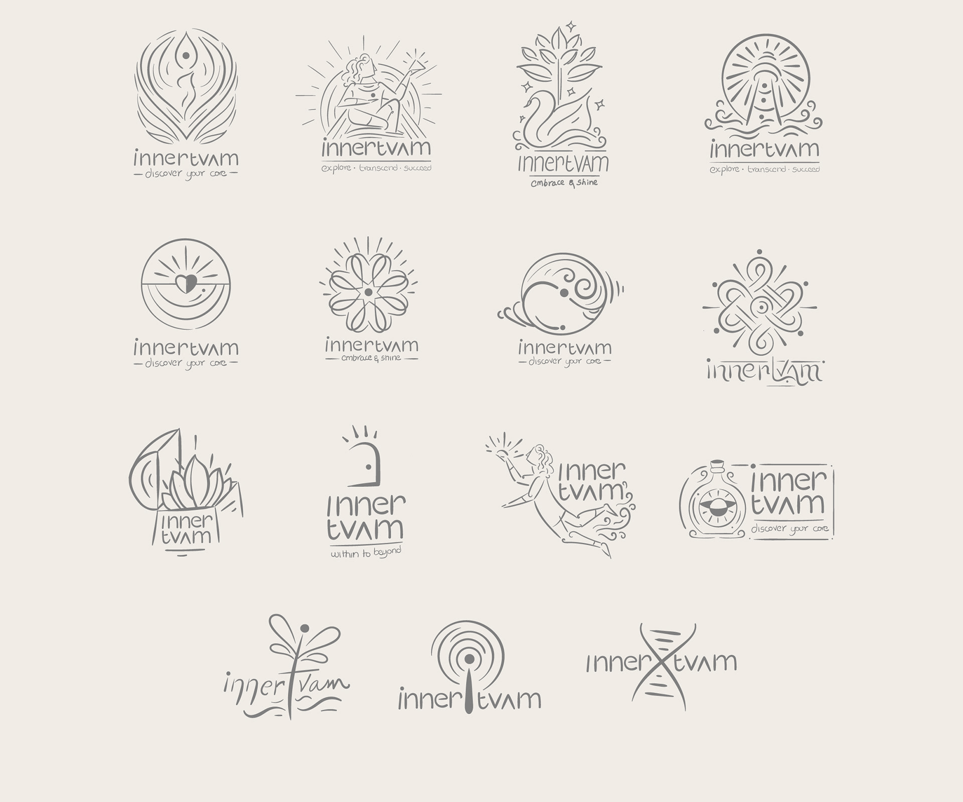 Innertvam life transformation program brand: sheet of early logo doodles in line art