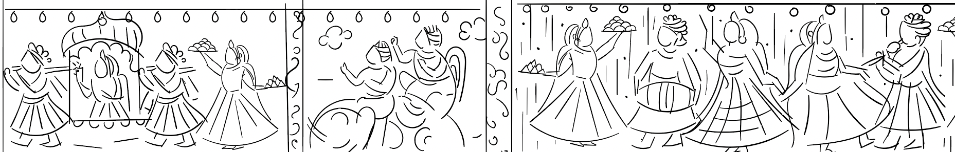 Kesar sweet shop space branding in Phad painting style: wall panel line art, section 2