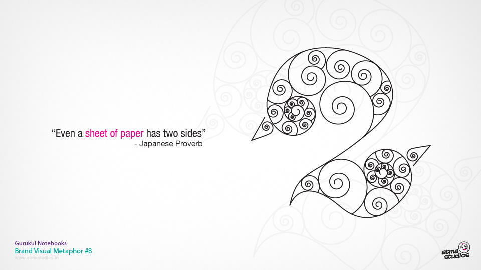 Gurukul Notebooks brand: brand visual metaphor 6, a swirl line illustration of a two-sided bird with a quote on writing