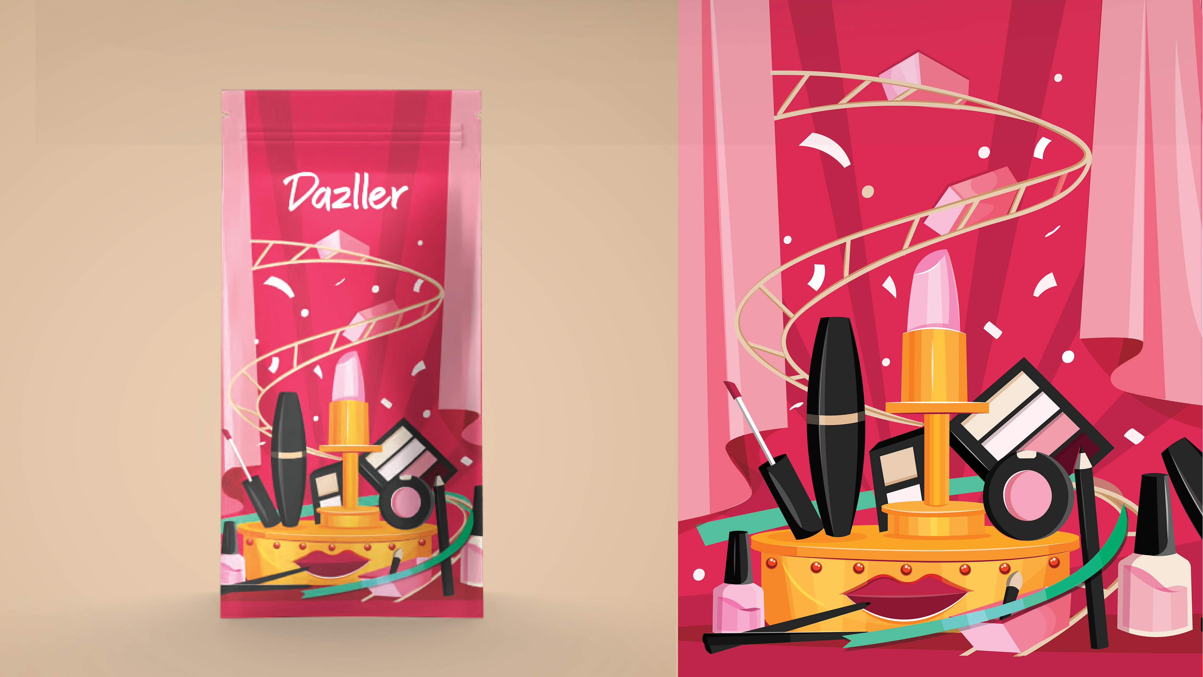 Dazller e-commerce pouch package design: pouch beside a makeup flat lay with pink curtains