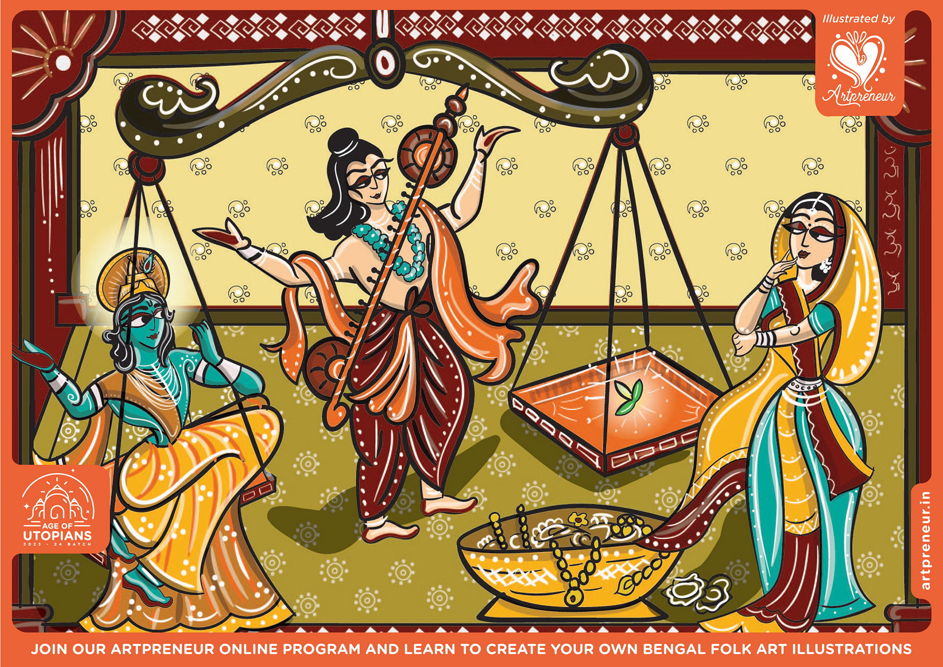 50 contemplated Bengal folk art illustrations: #11 Village market with scales