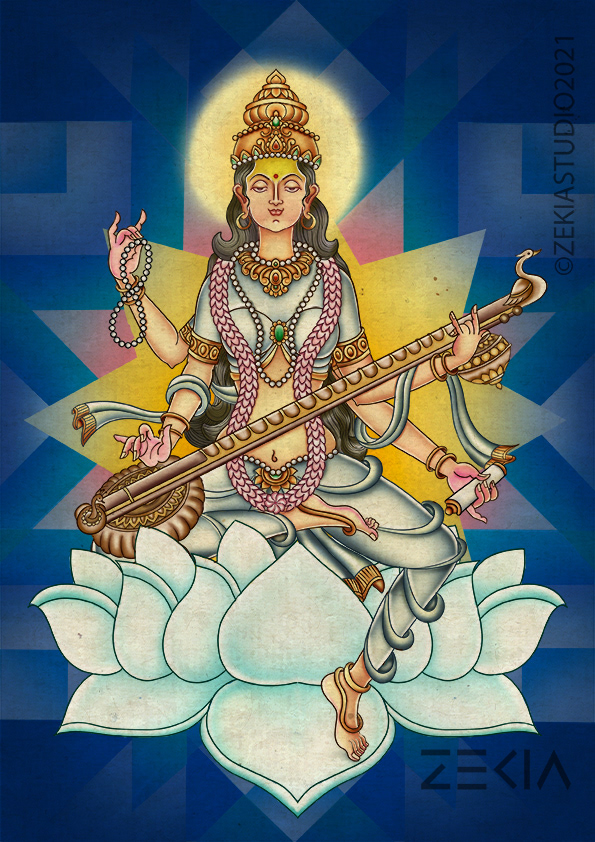 Indian goddesses in Chitrasutra art form: #1 Goddess Saraswati with veena on a white lotus, illustration by Atma Studios