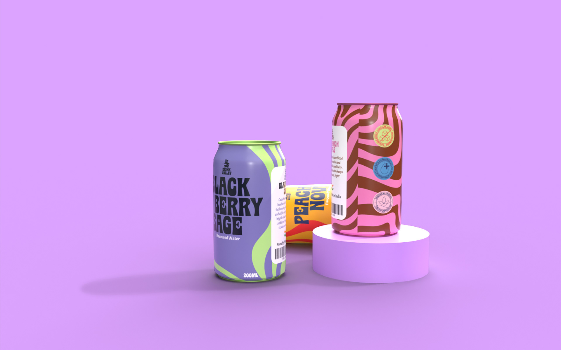 Drink Valley flavoured soda can branding and packaging: cans on a round podium on lilac