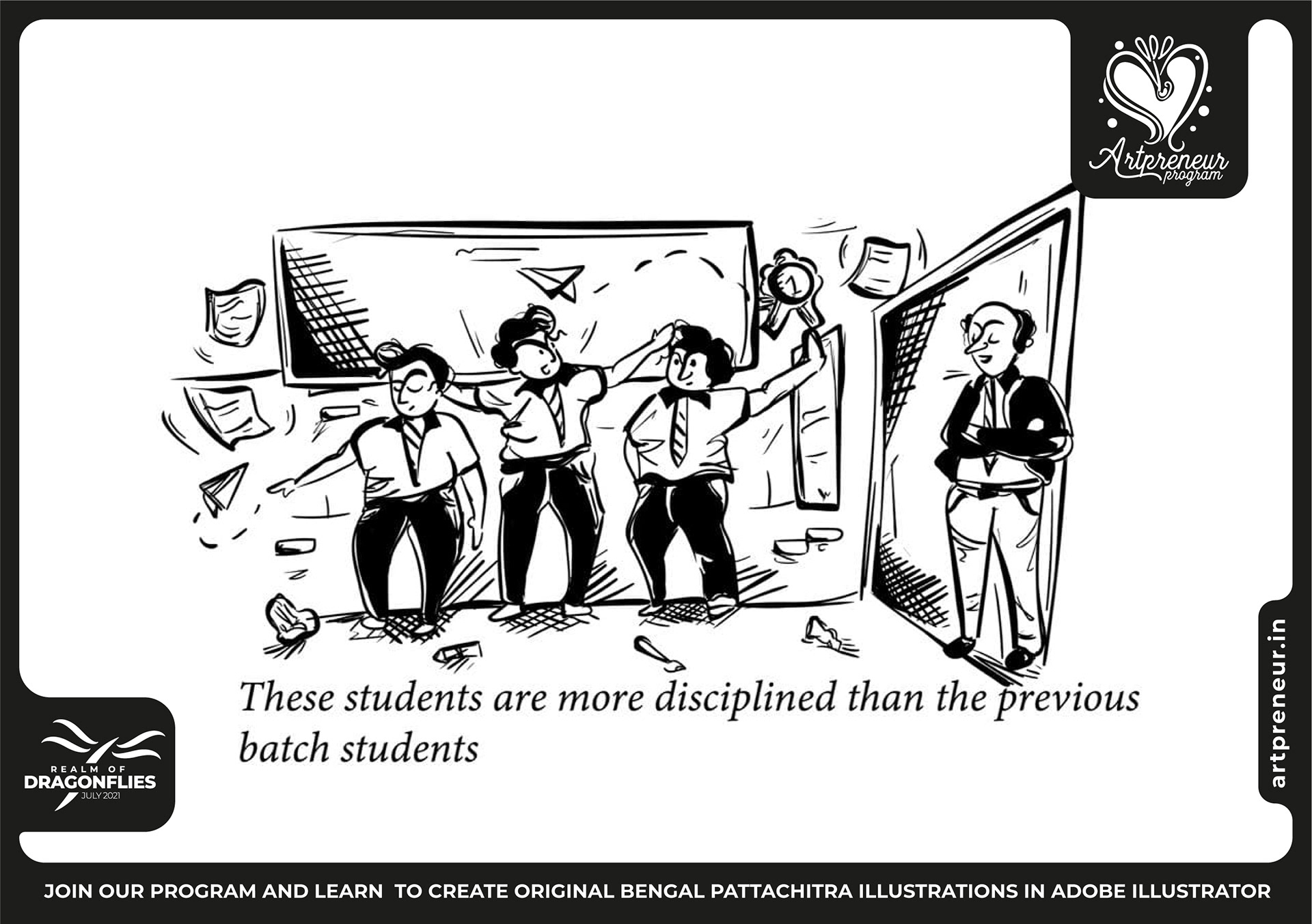 30 pen and pun comic cartoon illustrations: #21 "These students are more disciplined" gag