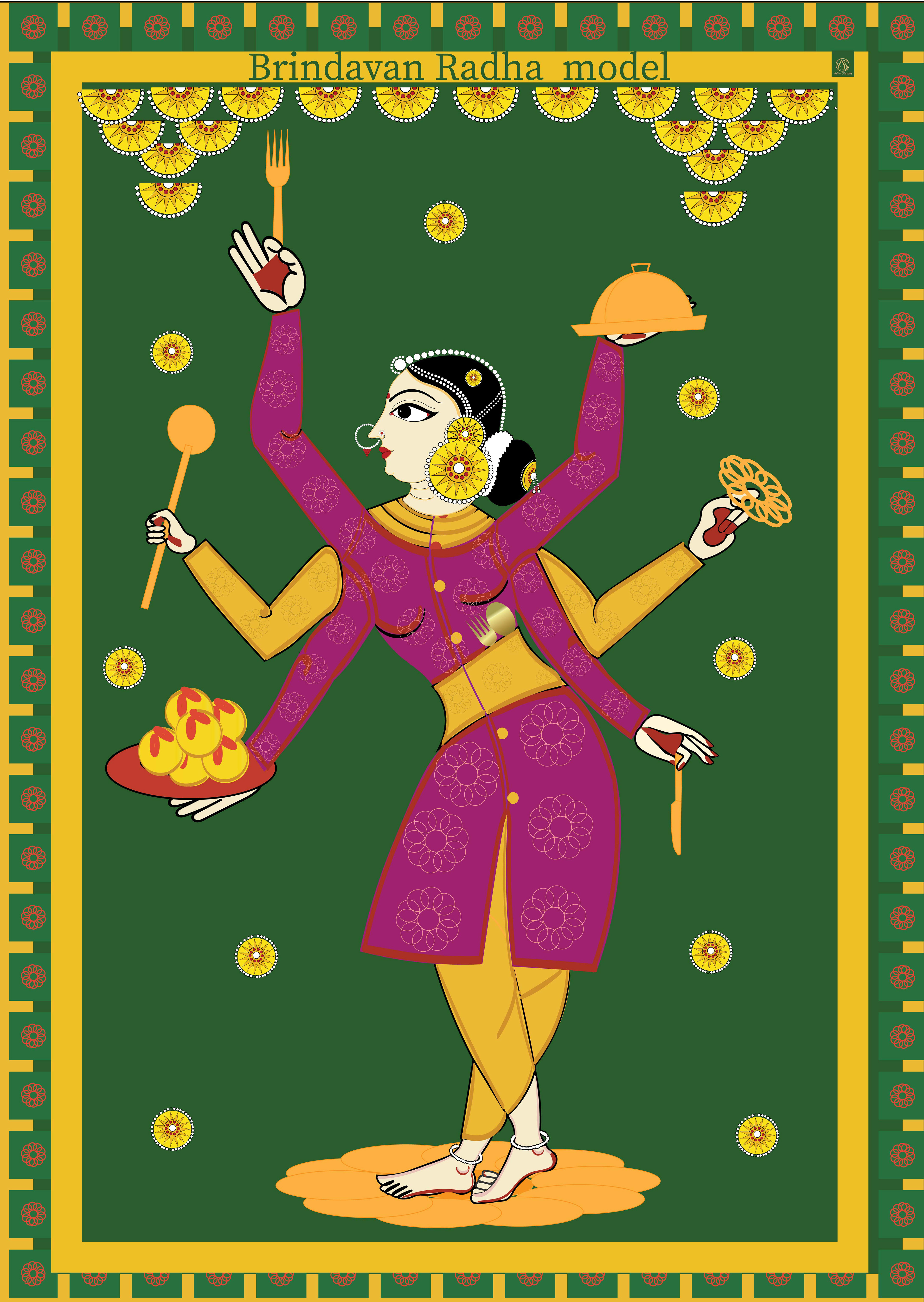 Creative Creatures, Tamil character illustrations: four-armed woman holding sweets and a lamp