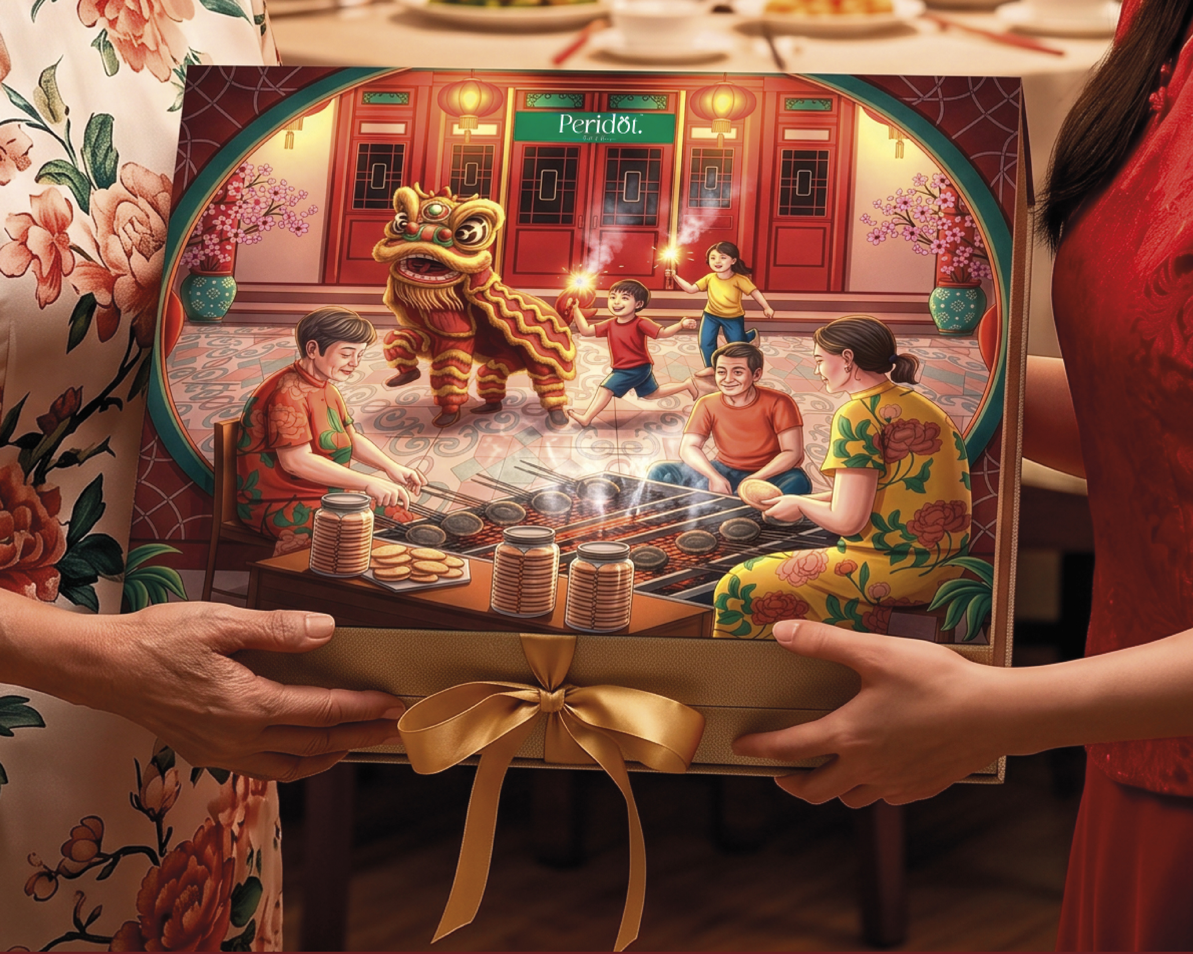 Peridot Chinese New Year Kuih Kapit gift box package design: hands holding the gift box tied with a gold ribbon