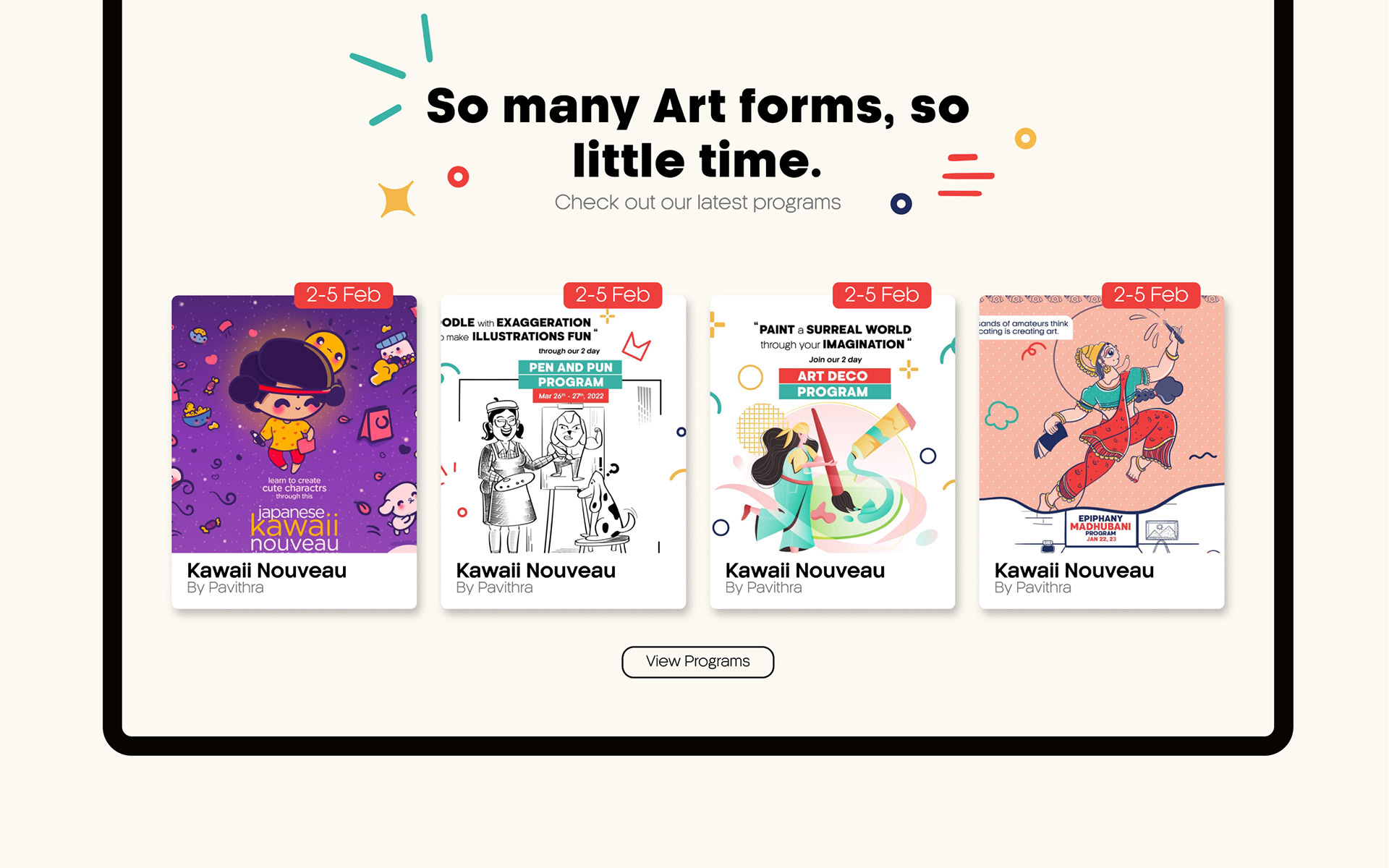 Imagineers creative program rebranding: website programs section reading So many Art forms, so little time