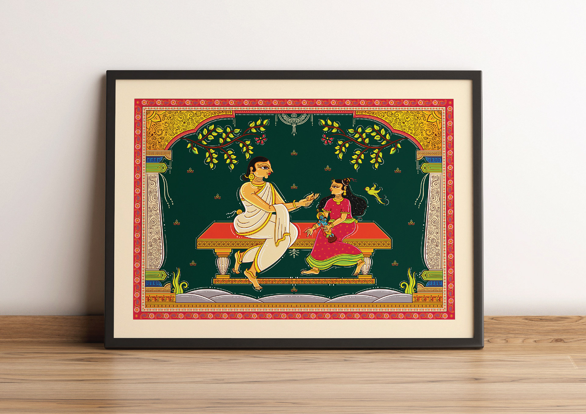 Thiruppavai illustrations part 1 in Orissa Pattachitra style: framed illustration print on a shelf