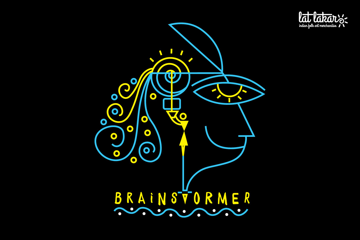 Lat Lakar Indian folk art merchandise: Brainstormer line art illustration on black