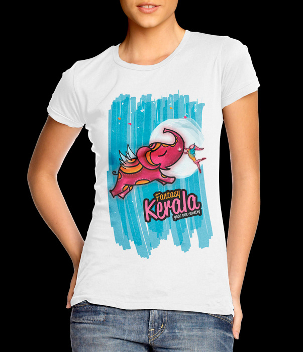 Kerala T-shirt illustrations: woman wearing the white Fantasy Kerala T-shirt