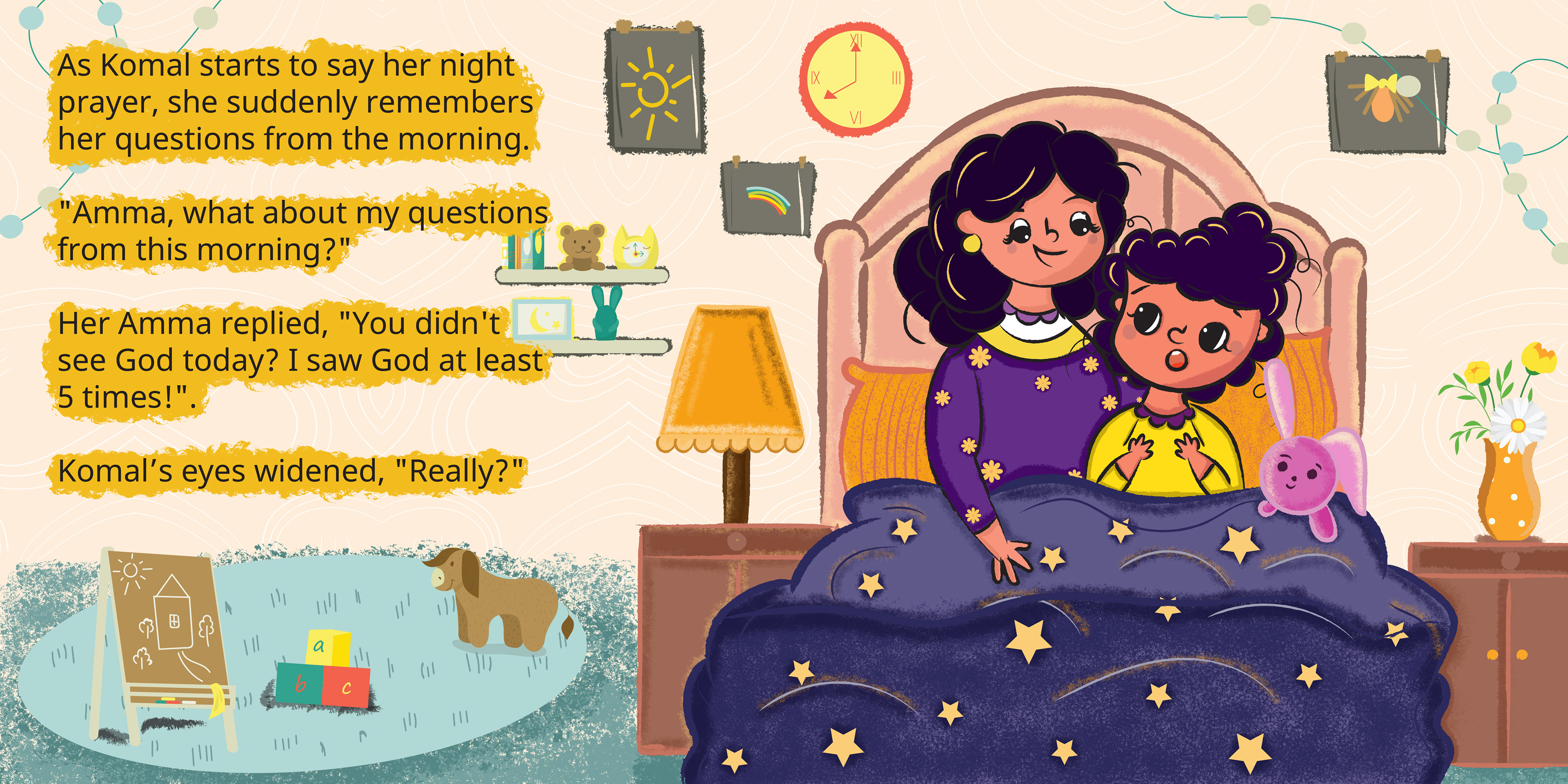 Why Can't I See God? children's book by Kavitha Amarnath: spread of Komal and mother at bedtime