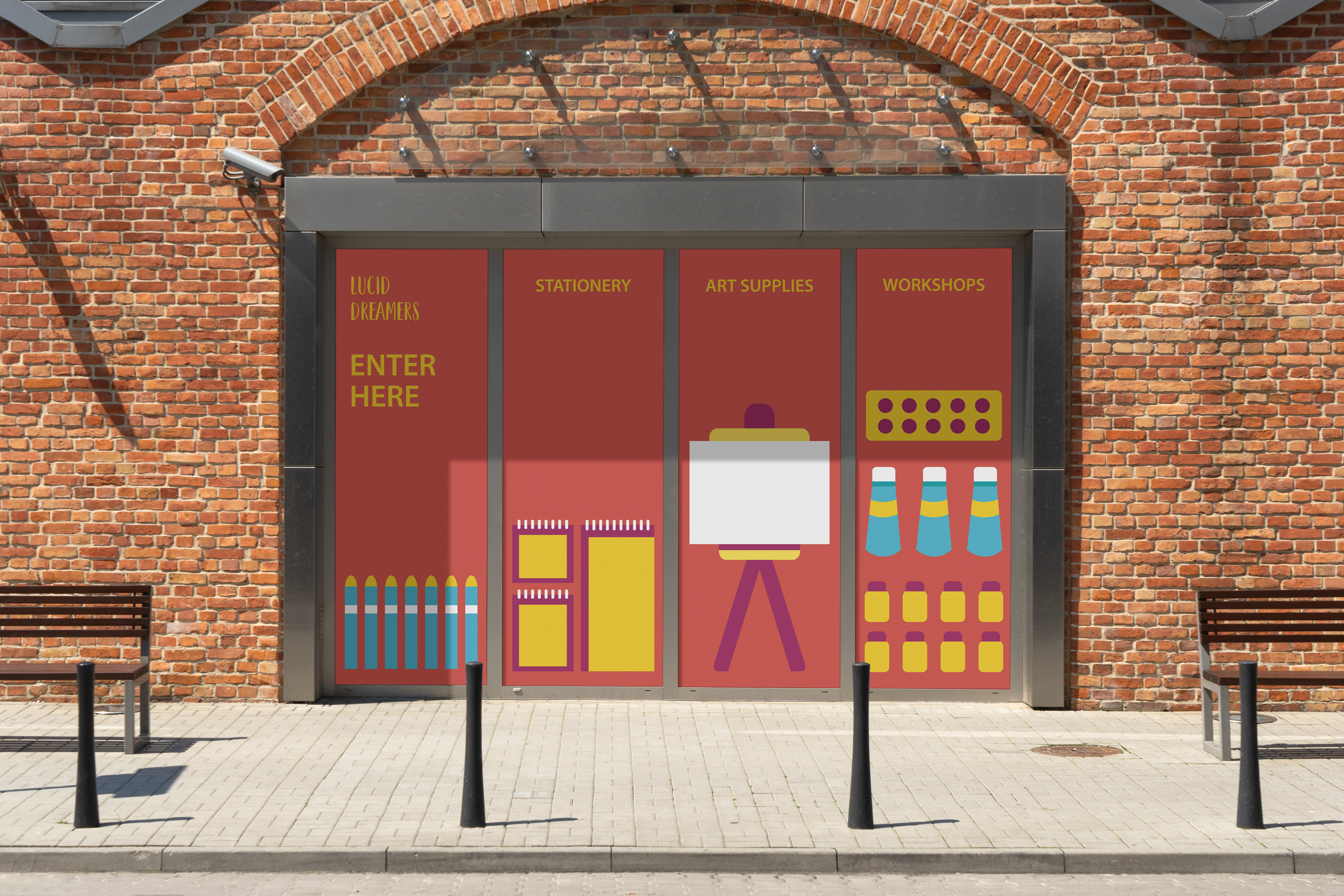 Lucid Dreamers art supplies store brand: storefront design on a brick building