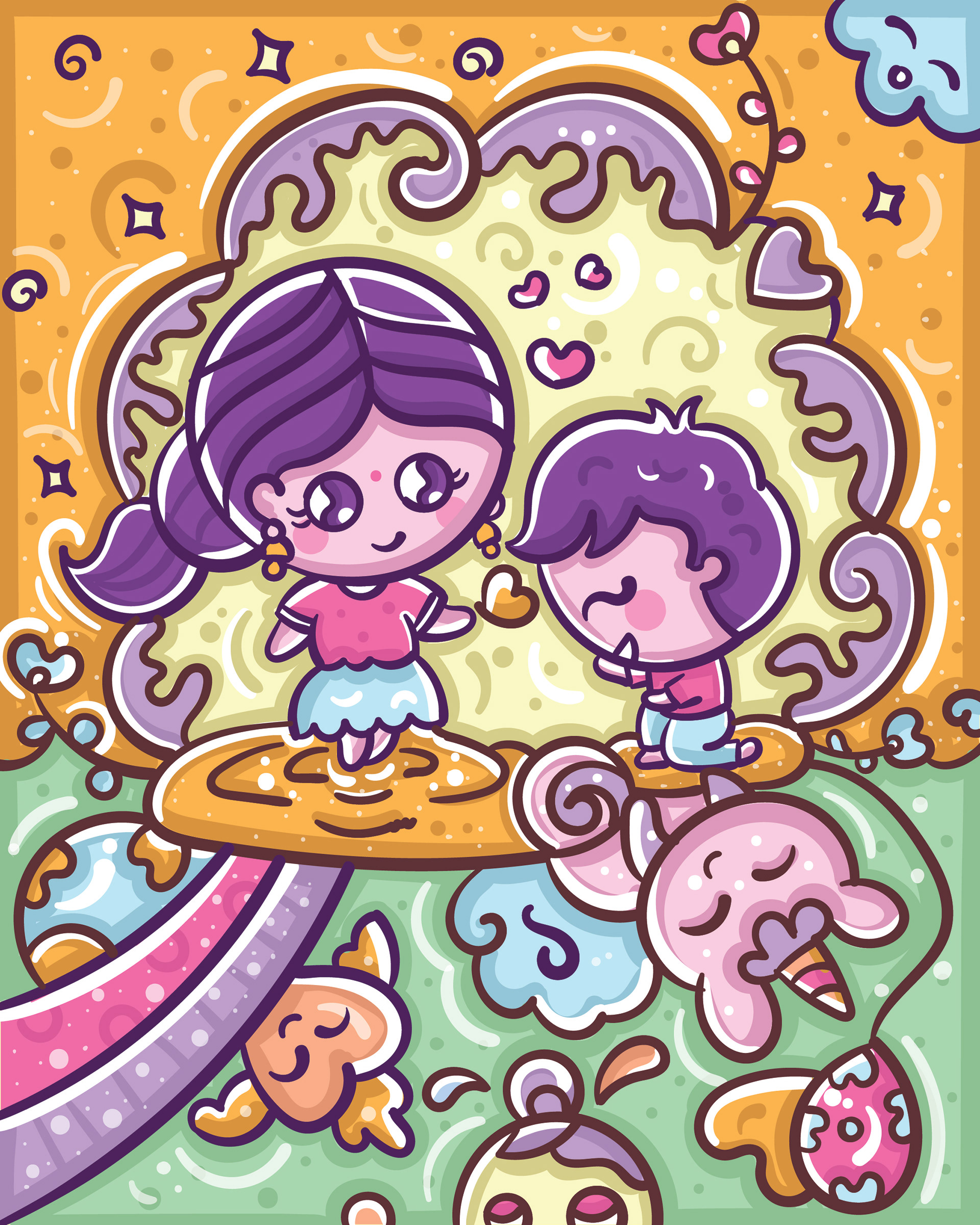 Kawaii gratitude series: pastel doodle of a girl and boy dancing on a magic carpet