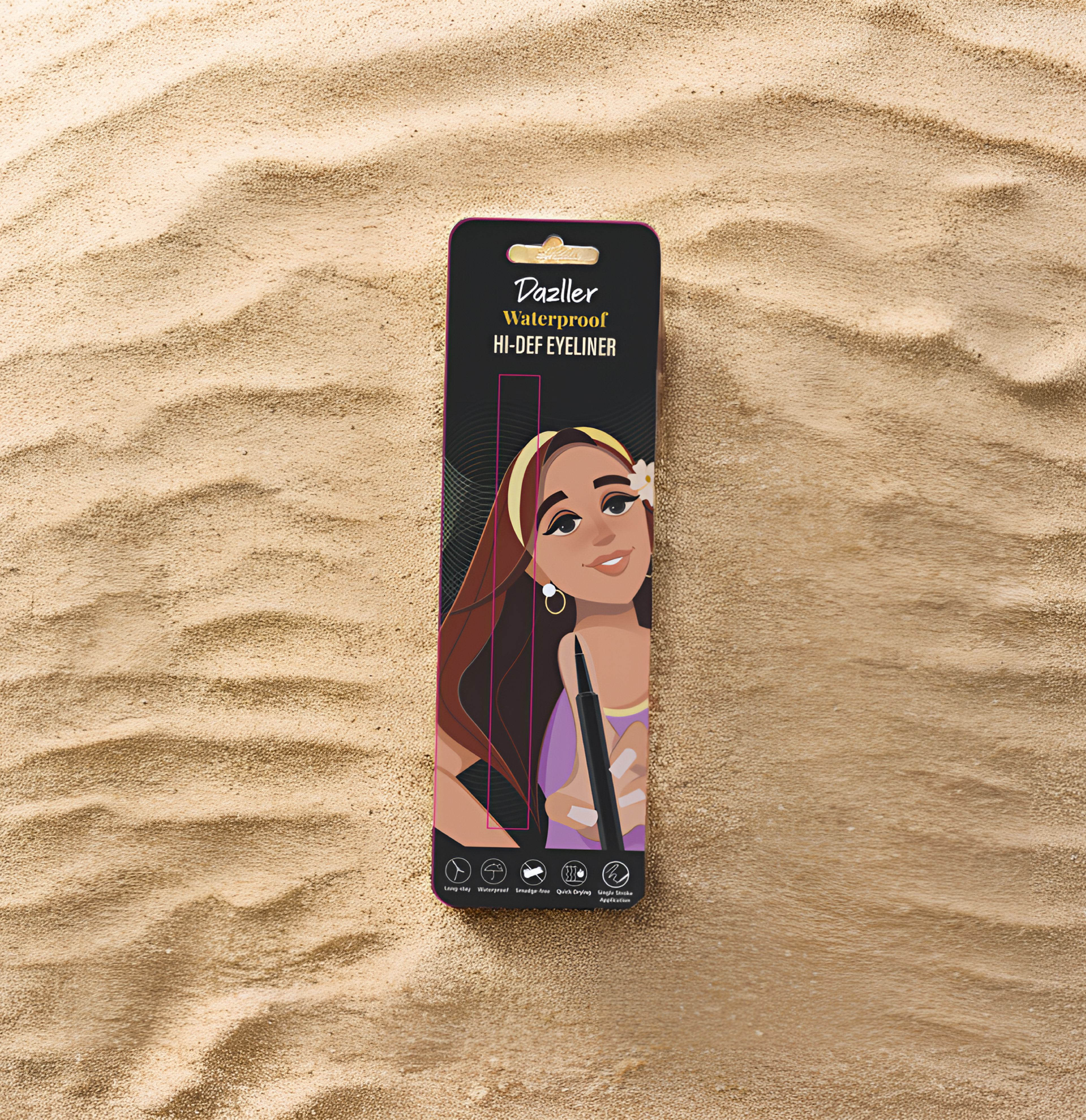 Dazller Hi-Def waterproof eyeliner packaging: eyeliner pack lying on rippled sand