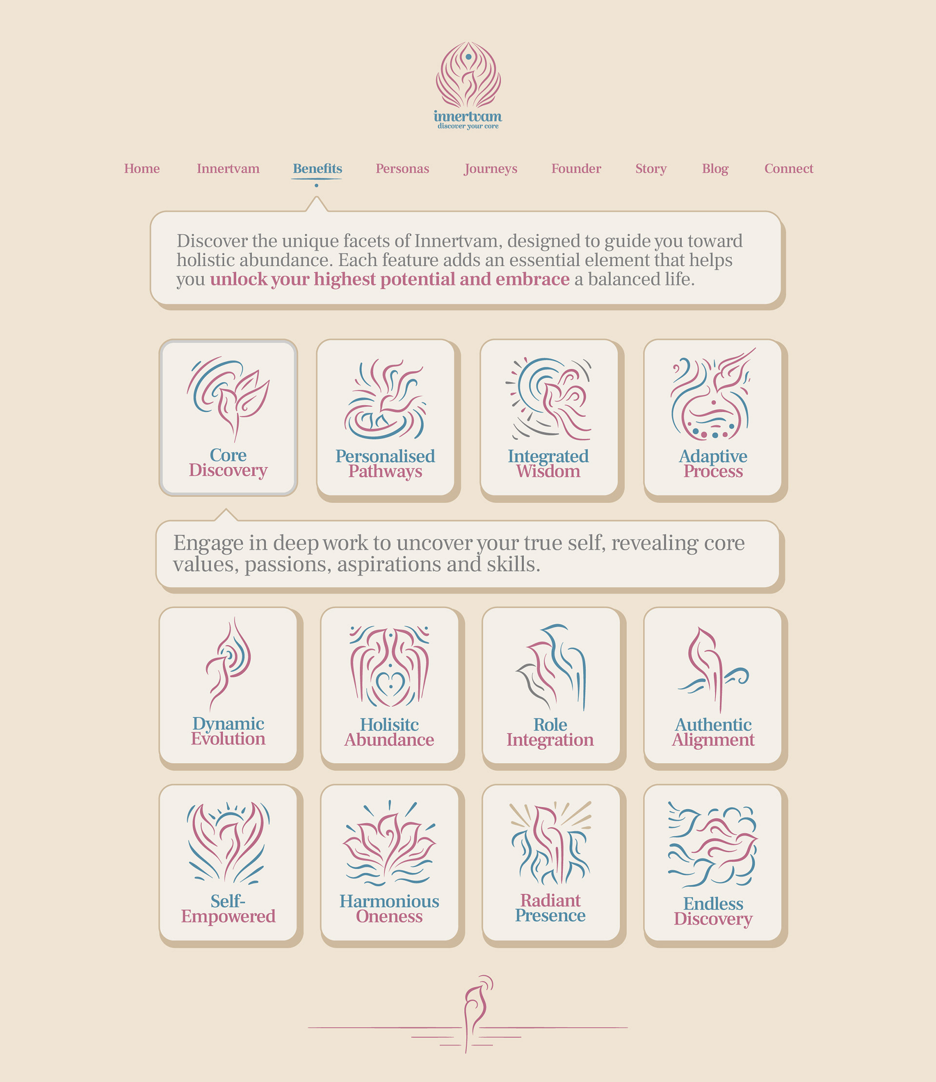 Innertvam life transformation program brand: website page design with icon cards for values