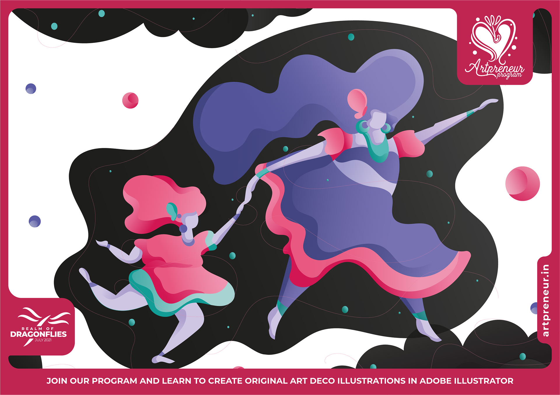 20 Art Deco flat illustrations: #1 Fencers duelling in flowing robes, Art Deco flat illustration, Atma Studios portfolio