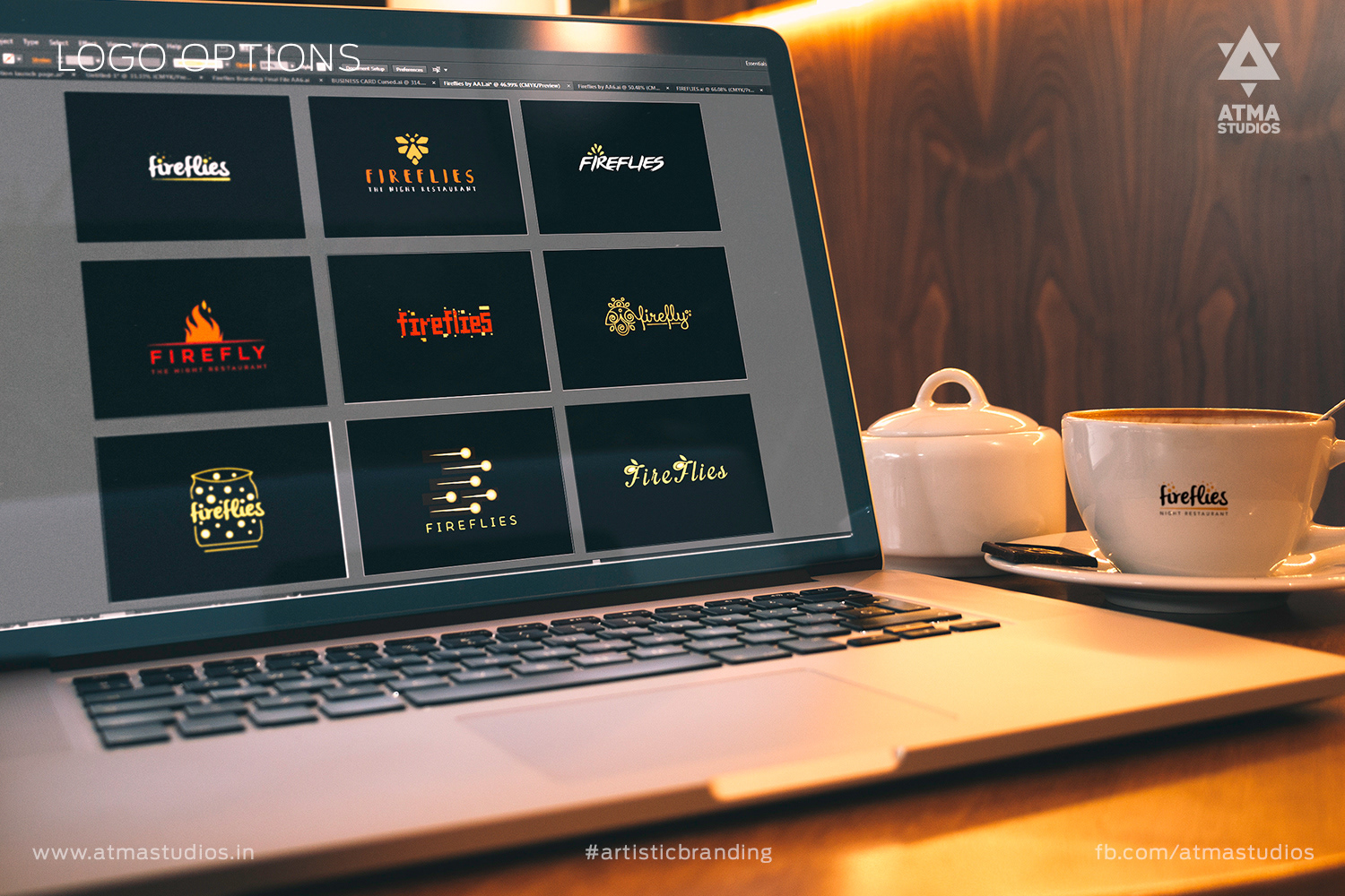 Fireflies logo options displayed on a laptop screen