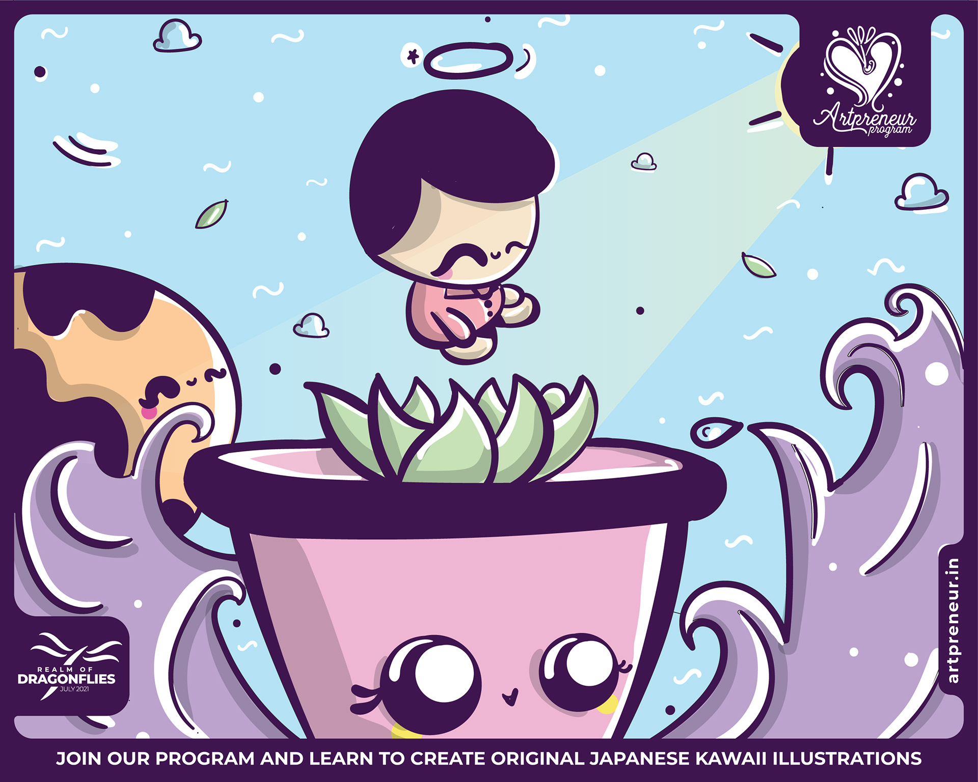 30 kawaii cute illustrations: #7 Child relaxing on a teacup succulent