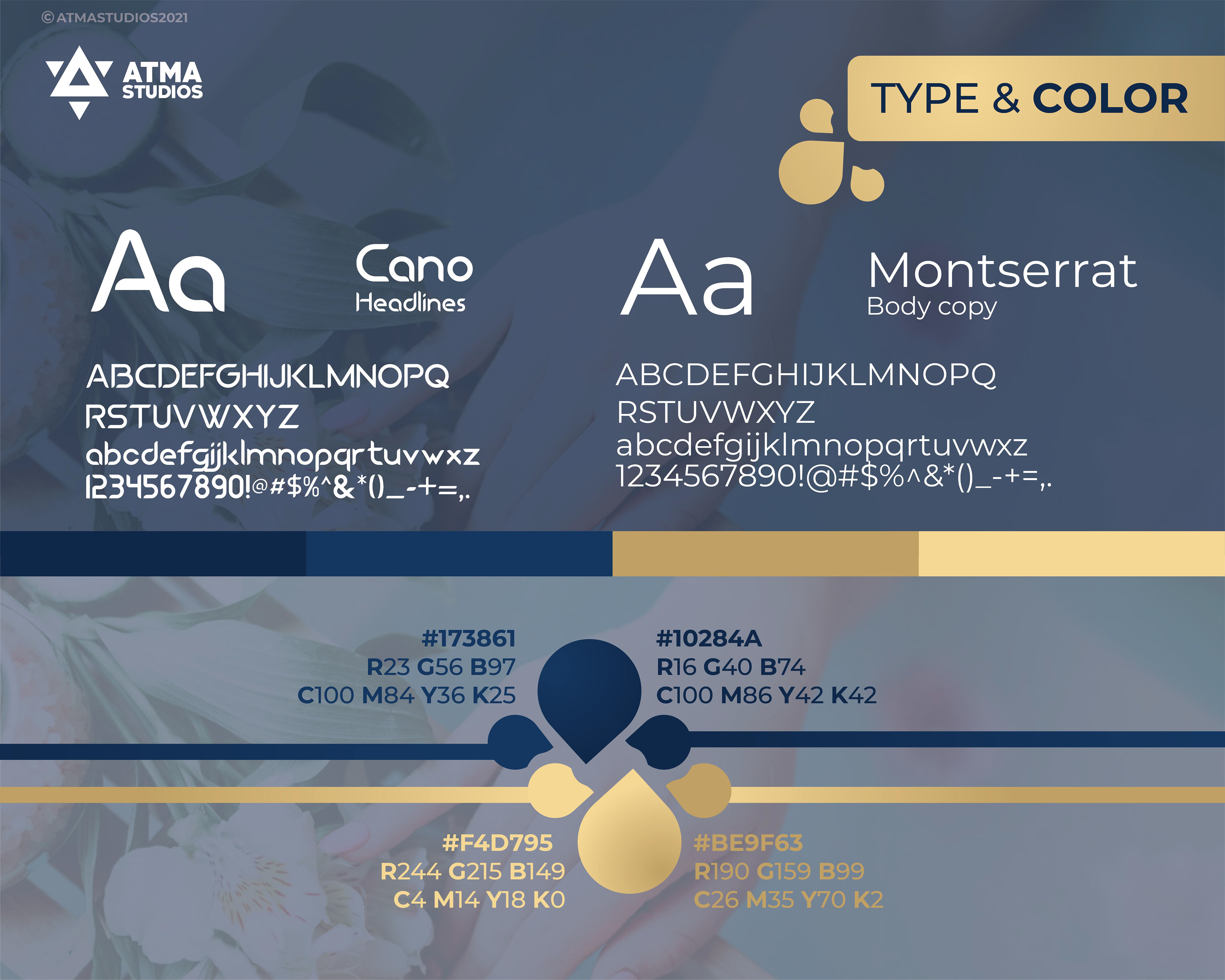 Mughai's Farm Origin Store rebranding: type and colour sheet with navy and gold palette