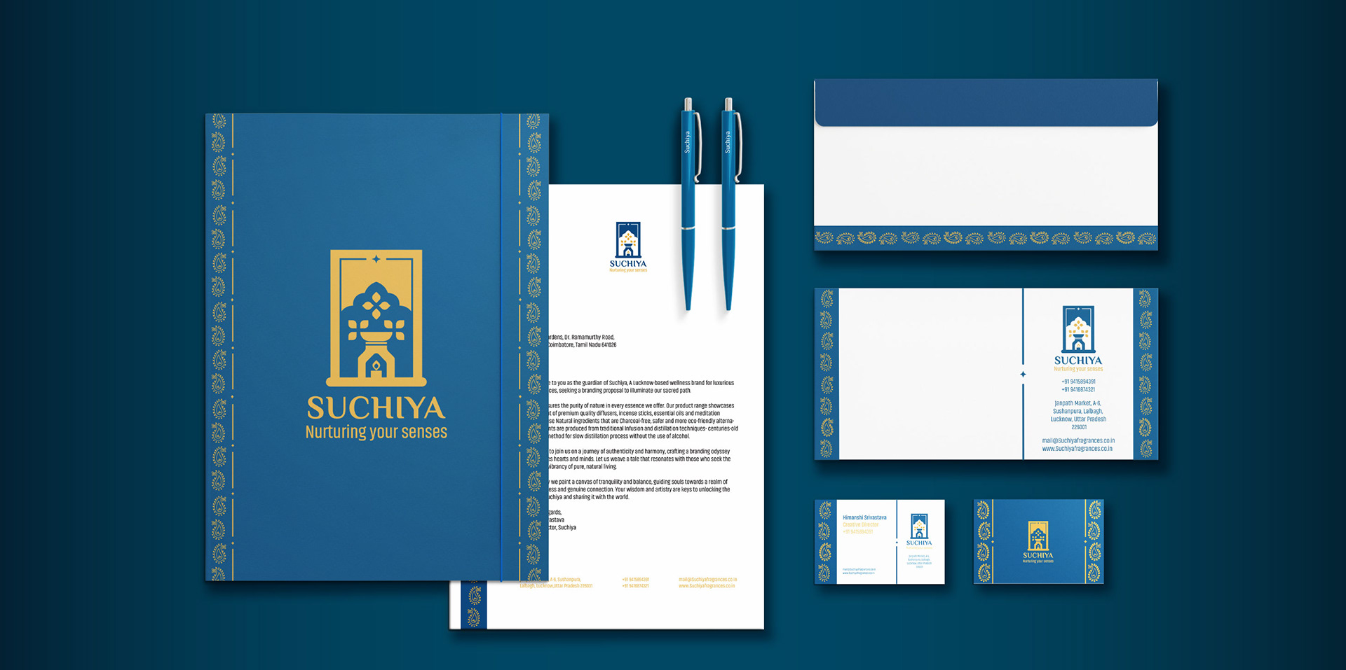 Suchiya home fragrances brand: notebook, letterhead, pens and business cards