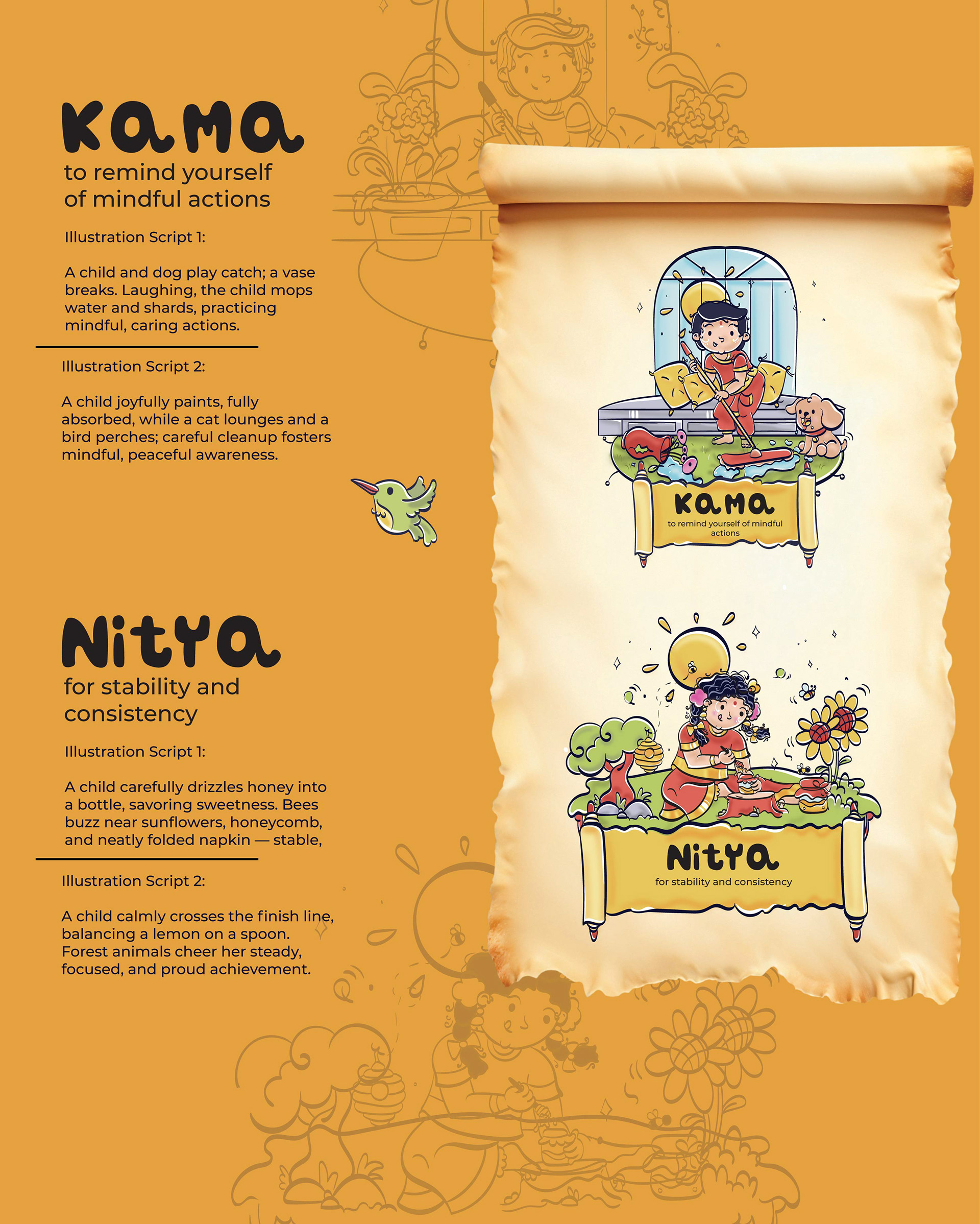 Illustrated Vedic mantras for children book: scroll pages for Kama and Nitya mantras