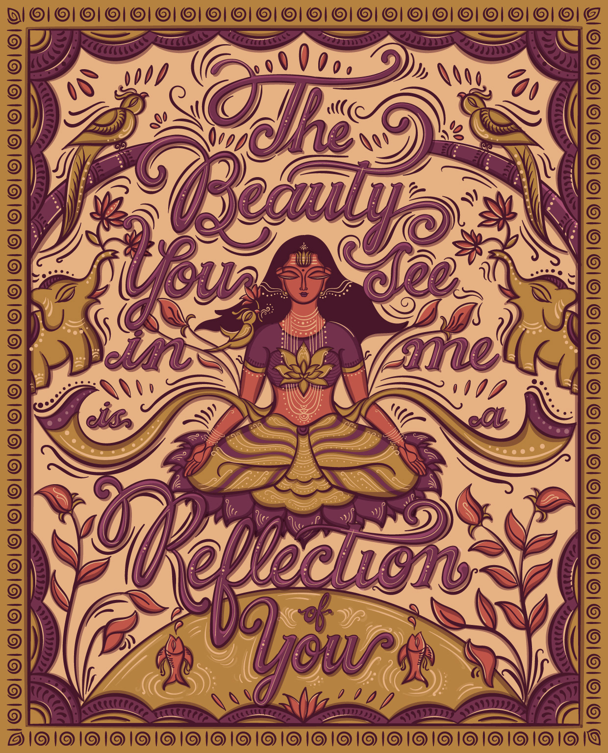 Self love illustrative lettering: final artwork with a woman meditating on a lotus
