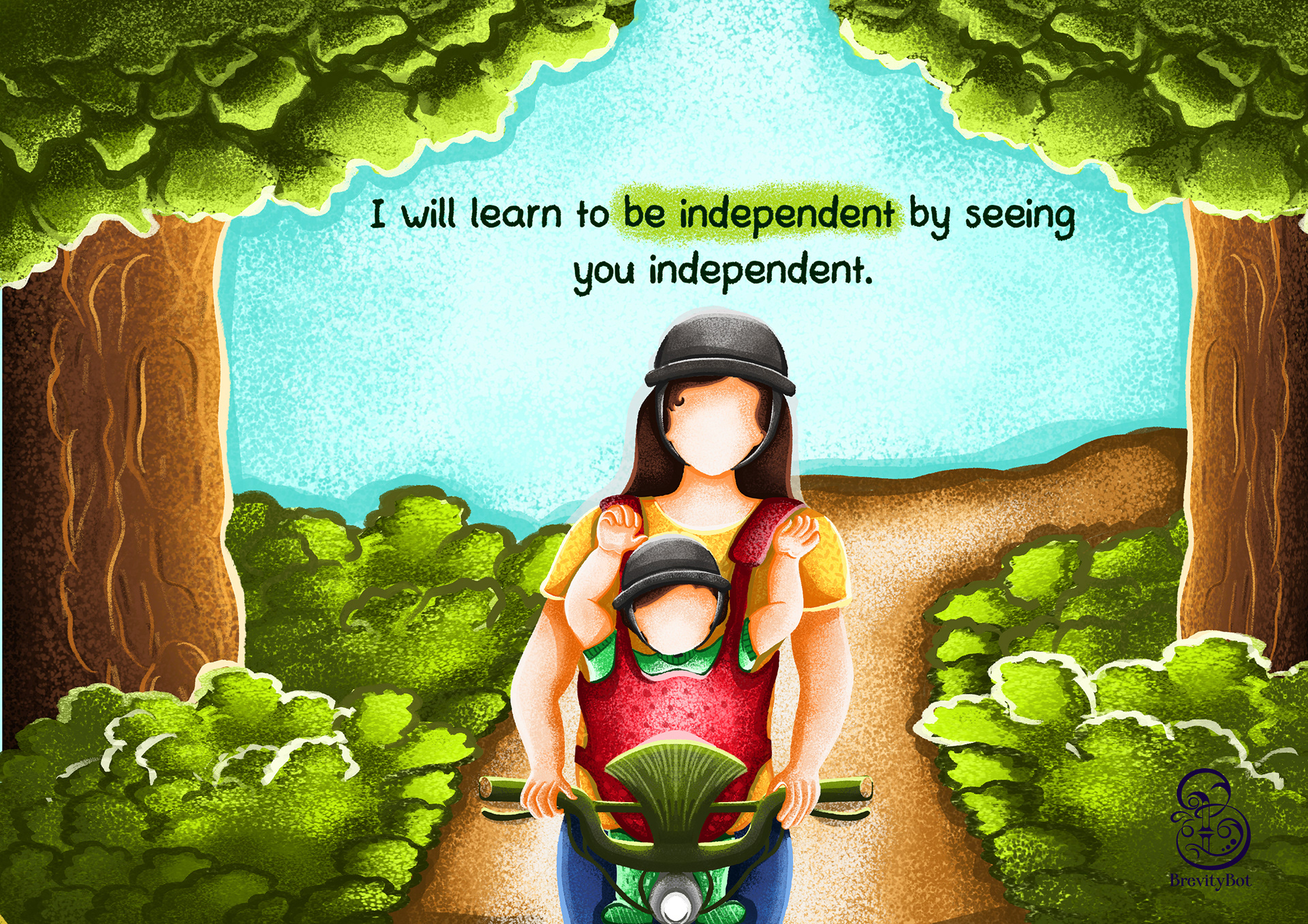 My Precious Mom, a motivational handbook for mothers by Swetha Sridharan: mother cycling with her child on a forest road, being independent