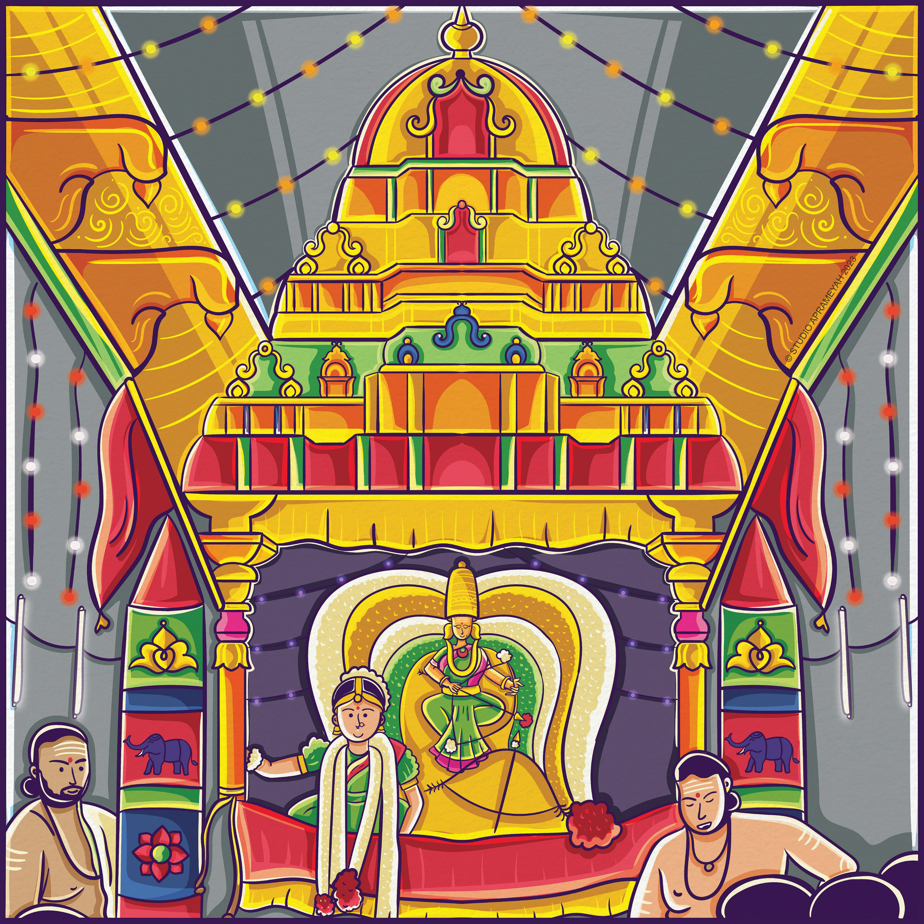 Regional temple festival comic style illustrations: Scene 9: Deity inside the temple gopuram shrine