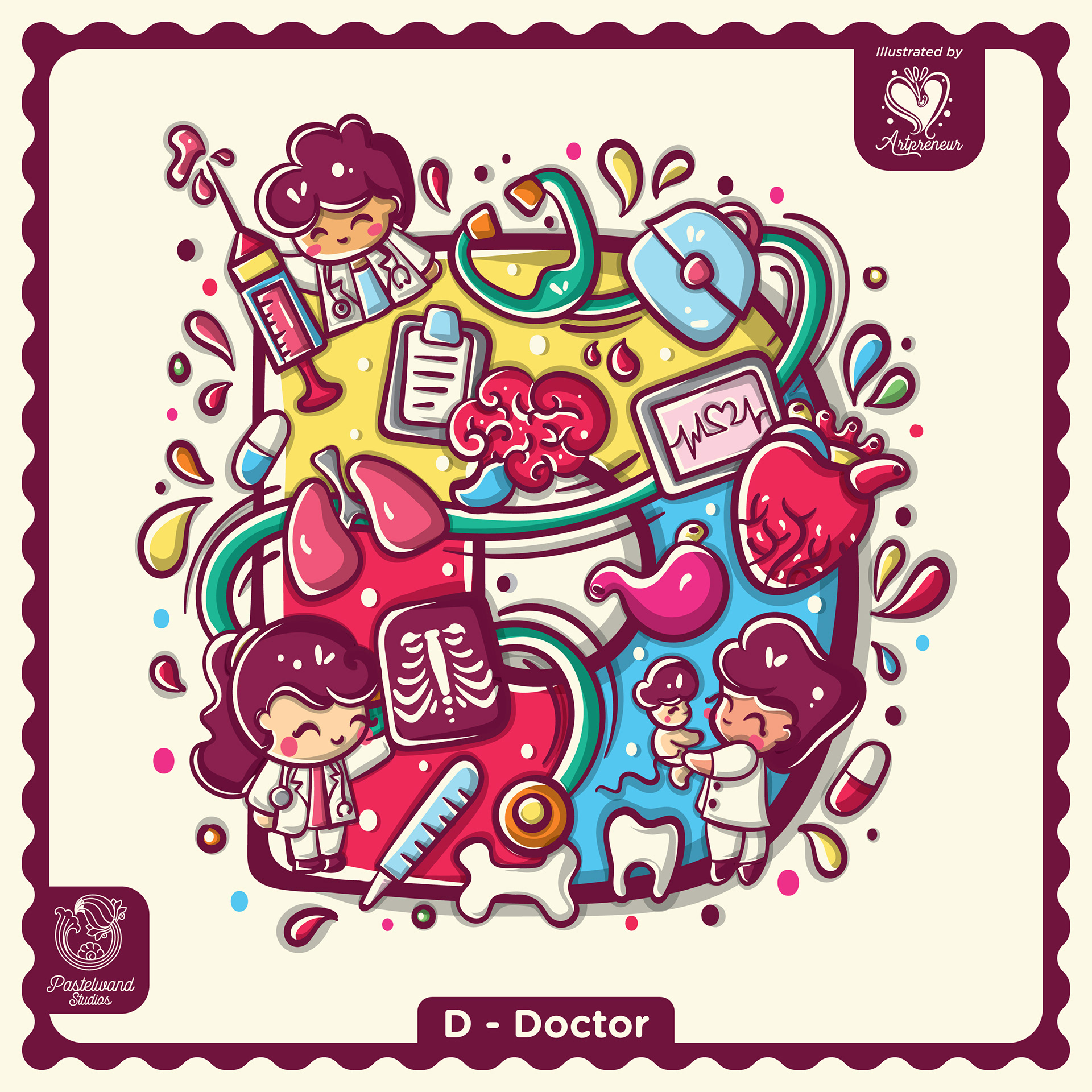 My Little Career ABC children's book: D for Doctor, an illustrated letter filled with tools and tiny characters
