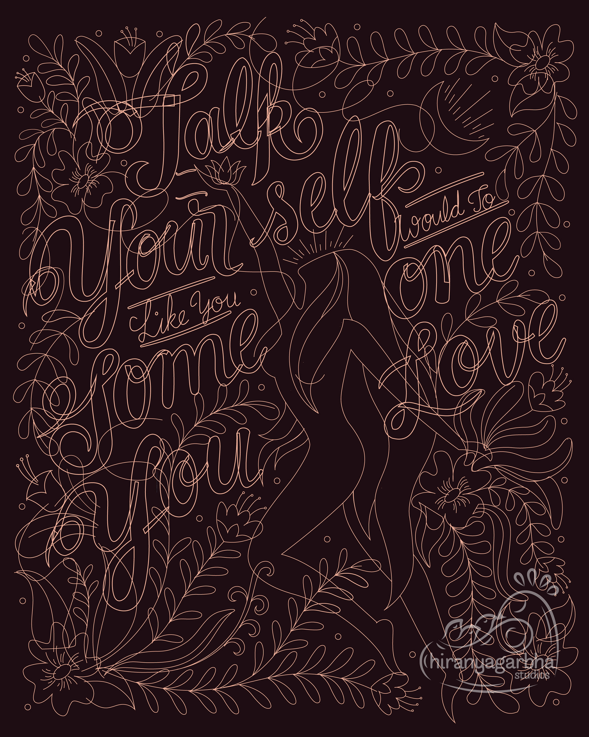 Self love illustrative lettering: line art of the full lettering artwork
