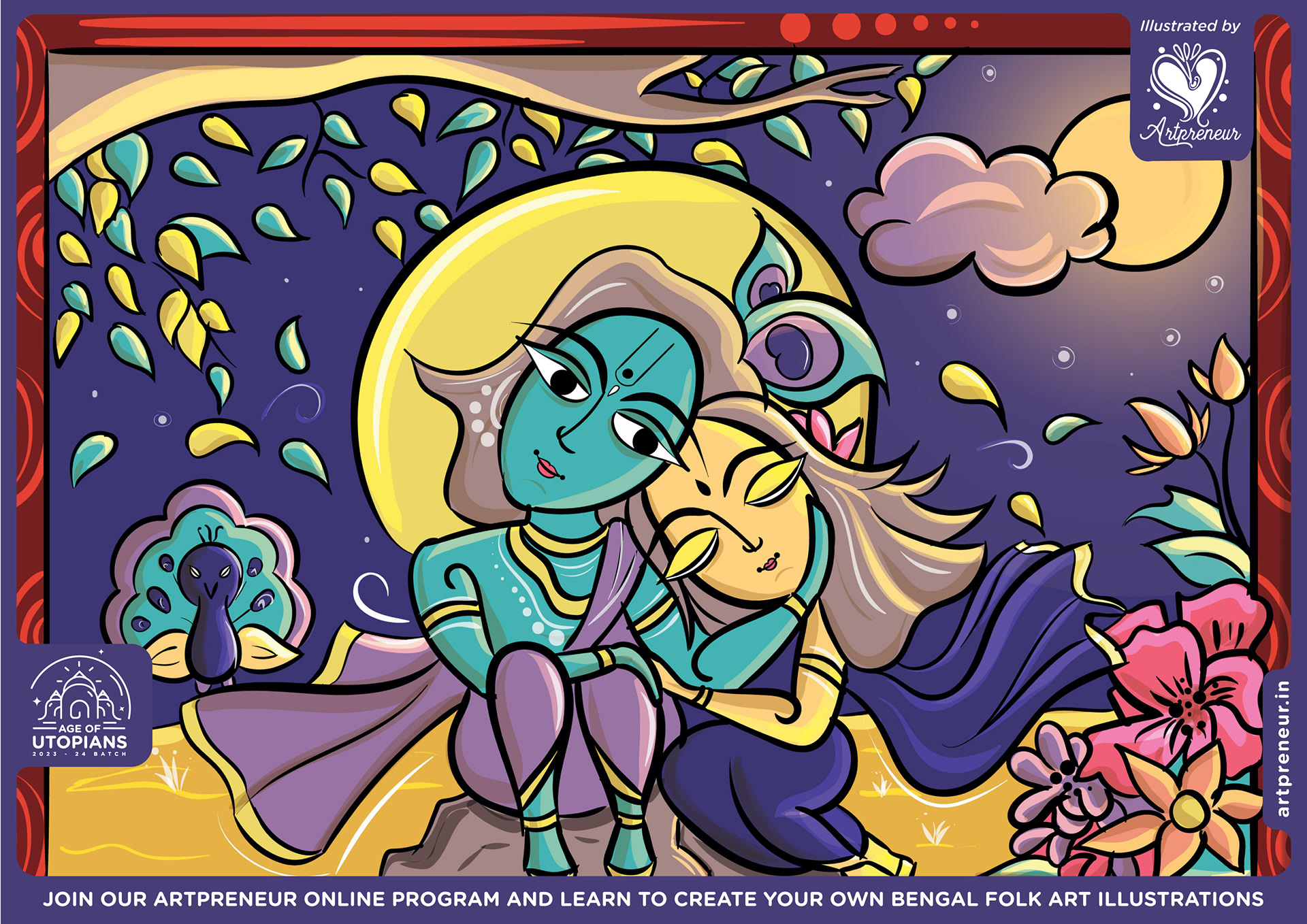 50 contemplated Bengal folk art illustrations: #21 Krishna and Radha embracing under the moon