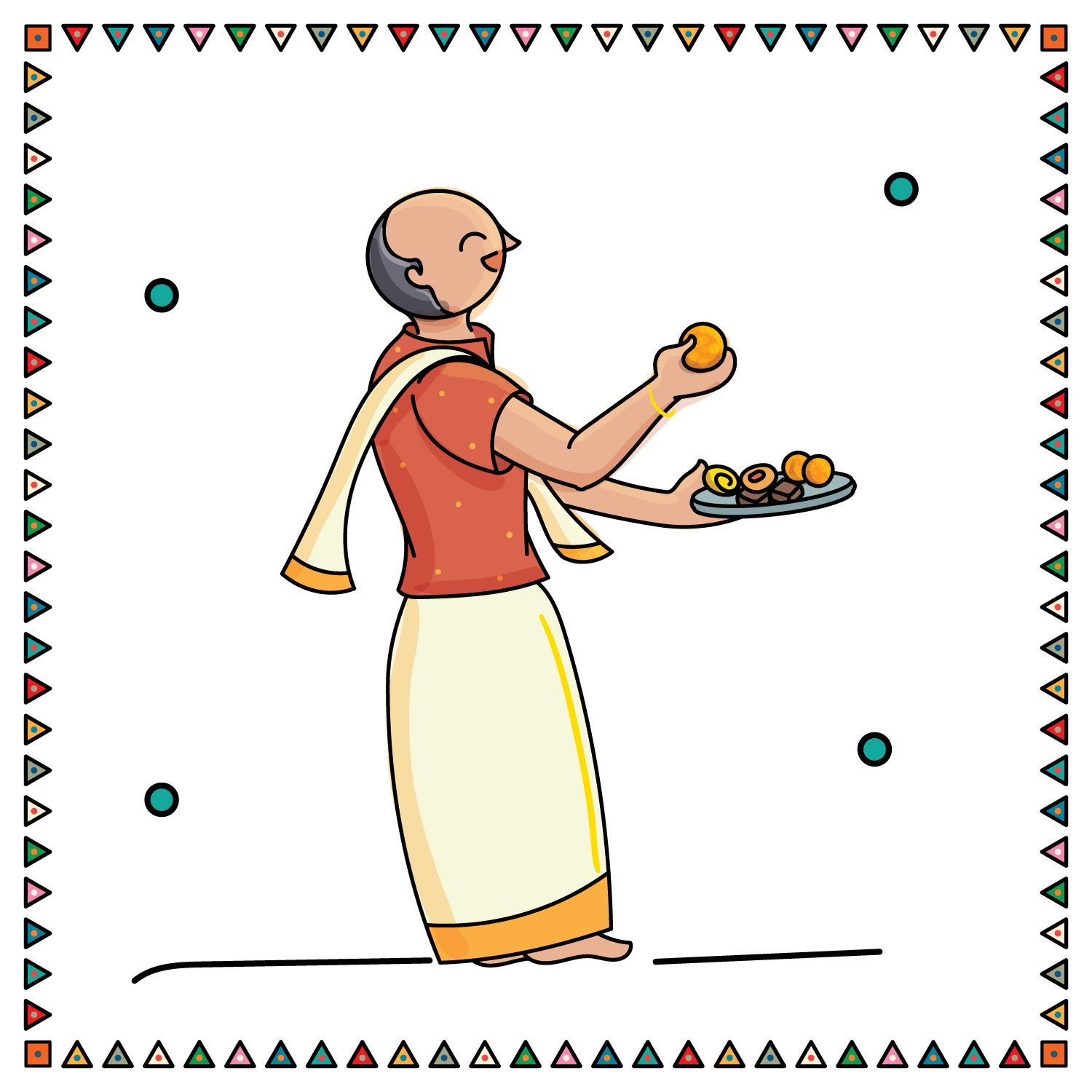 Sweet Kadai Diwali package illustration: man in a veshti carrying a plate of sweets