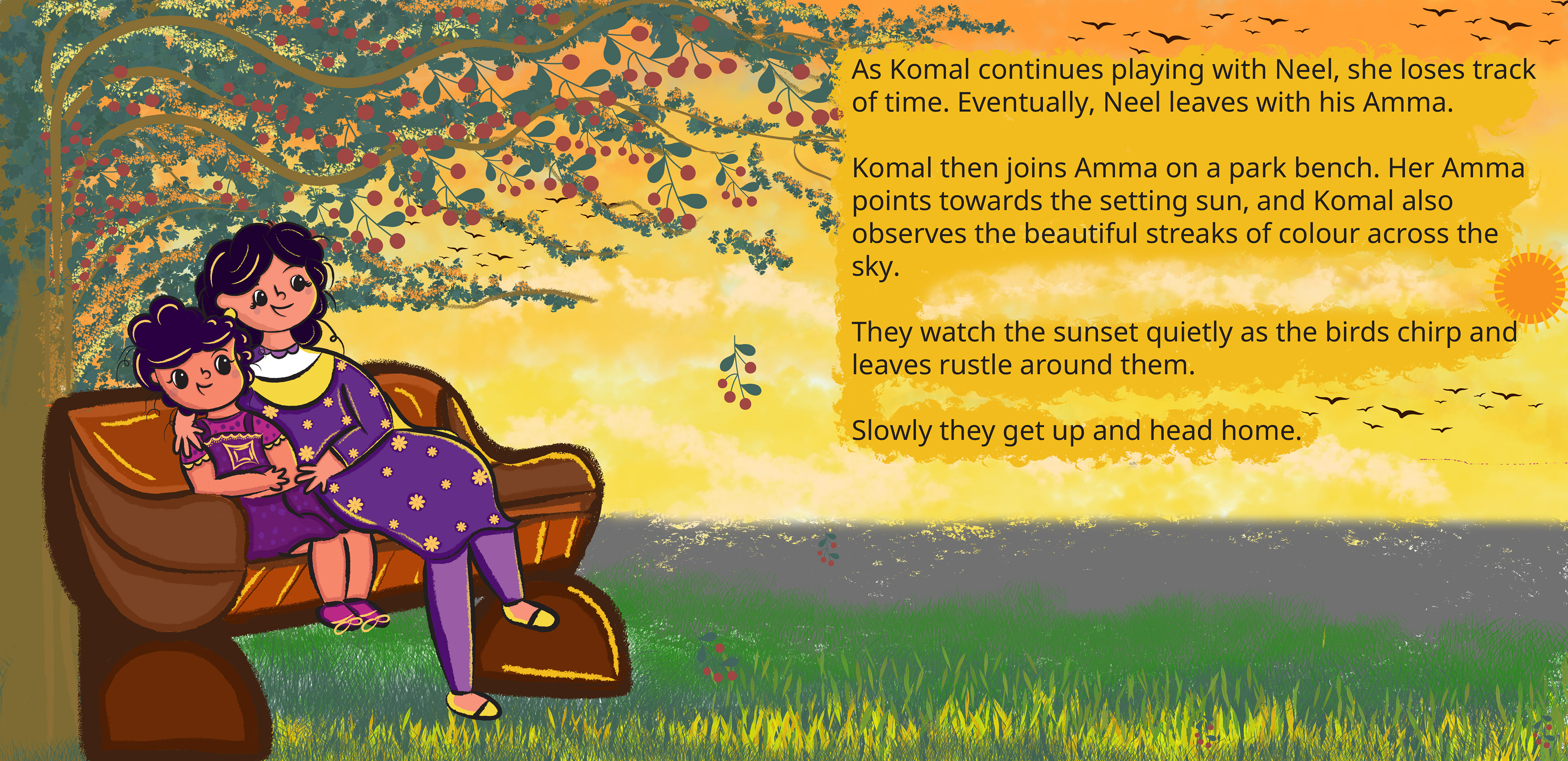 Why Can't I See God? children's book by Kavitha Amarnath: spread of grandmother and Komal on a bench at sunset